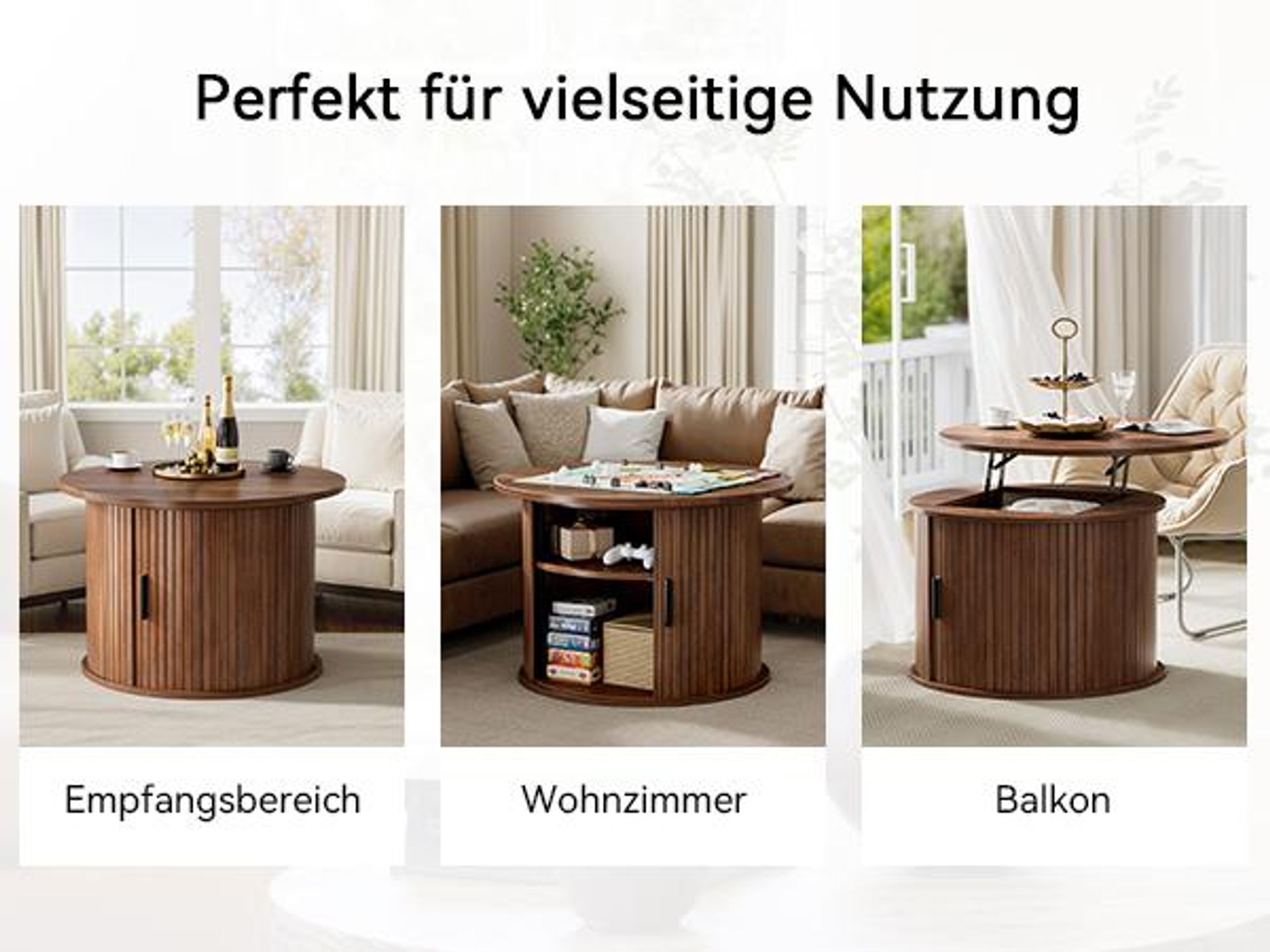 FABATO Runder Couchtisch mit Hochfahrfunktion & gewelltem Holzdekor – mit verstecktem Stauraum, offenem Regal & drehbarer Schiebetür als kleiner Essti