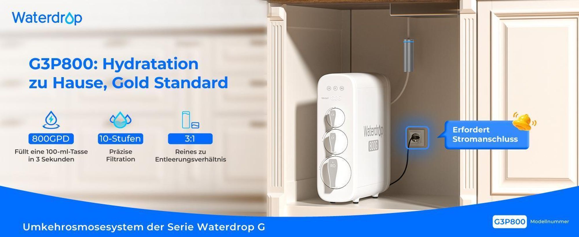 Waterdrop Umkehrosmoseanlage, 800 GPD, TDS-Reduktion, Keine Verkalkten Küchengeräte mehr, 3:1 Pure-to-Drain, RO ohne Tank,WD-G3P800