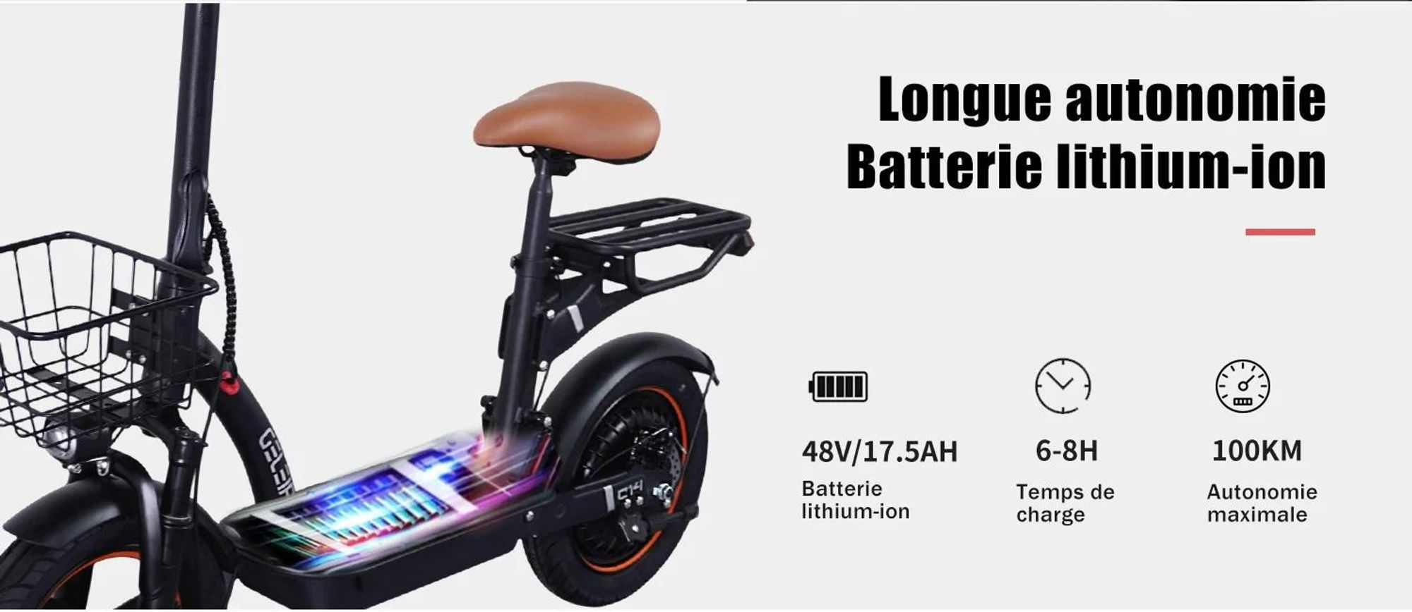 C14 - Moteur Puissant  Batterie longue Durée 48V17.5Ah, Roues 14'', Cadre en Fer - Noir