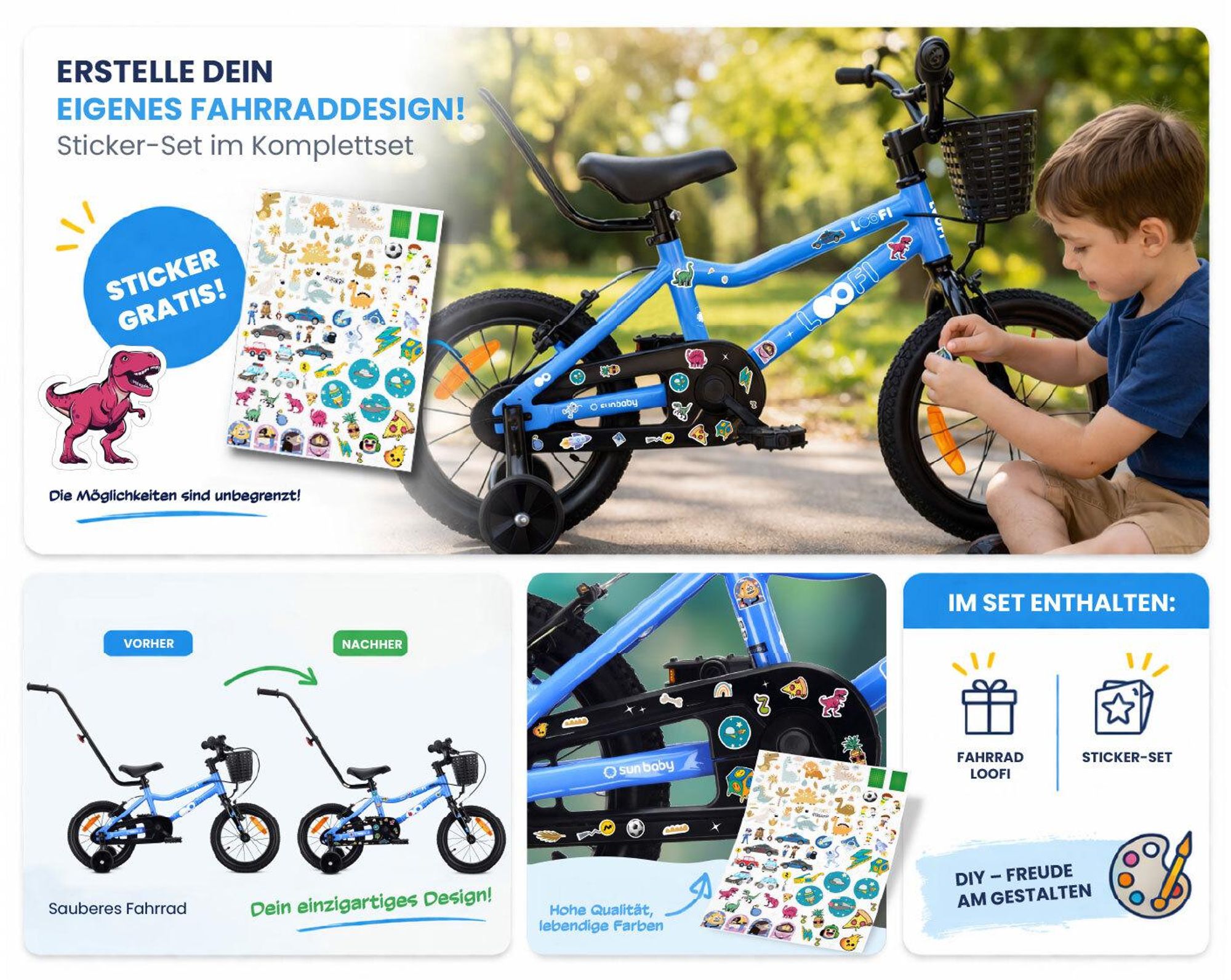 SUN BABY LOOFI Kinderfahrrad 14 Zoll, leichtes Aluminium Fahrrad 6,6 kg für Kinder ab 3 Jahre, mit Stützrädern, Korb, Klingel, Jungen und Mädchen