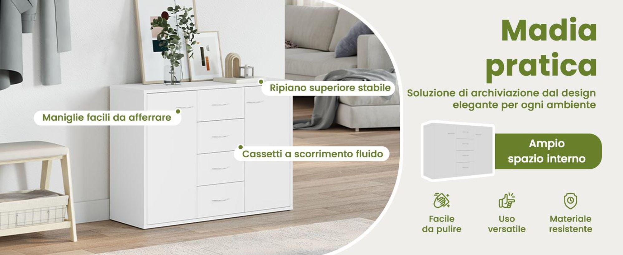vidaXL Credenza bianca 88x30x65 cm Materiale a base di legno