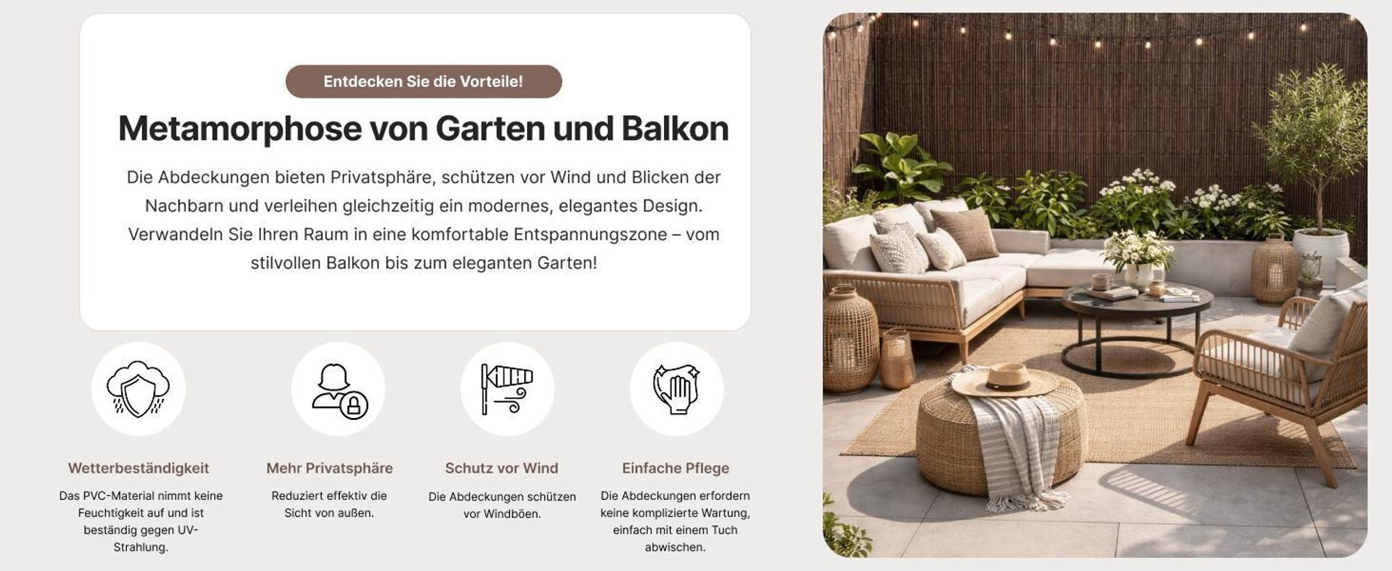 Sichtschutz Balkon, Terrasse, Garten, PVC, Mazovia 100x300 cm Braun, Sturmfest, Ohne Bohren Sichtschutzmatte wie Bambus, Wetterfest und UV-beständig