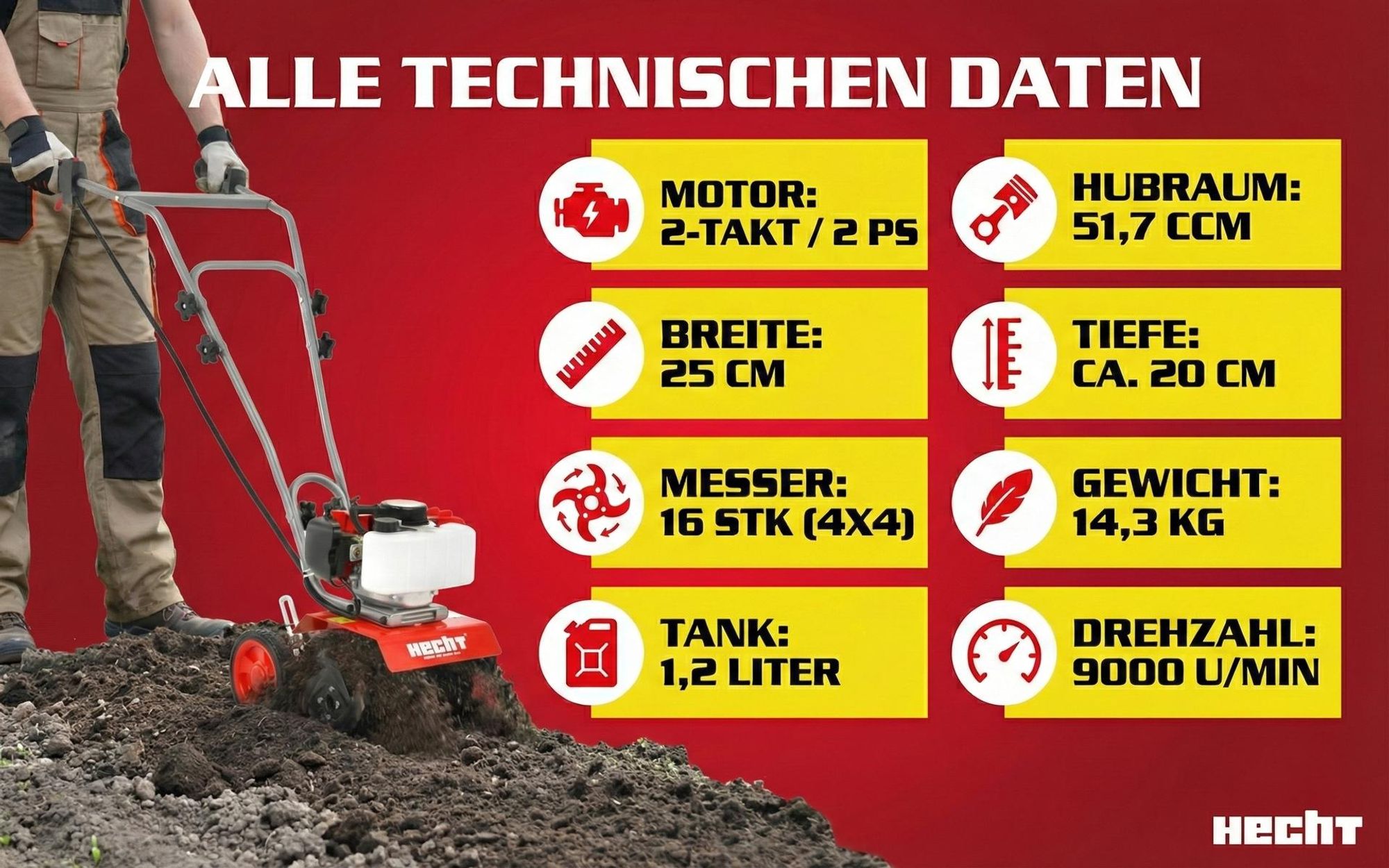 HECHT 752 Motorhacke Benzin | 25 cm Arbeitsbreite | 19,5 cm Arbeitstiefe | 2 PS | 2 Takt | 51,7cm³ | 16 Messer