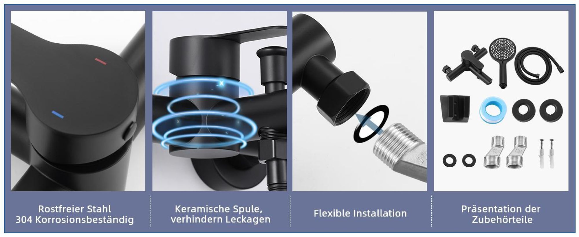 ZMH Wannenarmatur Schwarz mit Handbrause Mischbatterie Badewanne mit Brause Aufputz Wasserhahn mit Duschkopf 150mm Wandmontage Armatur 3 Funktionen