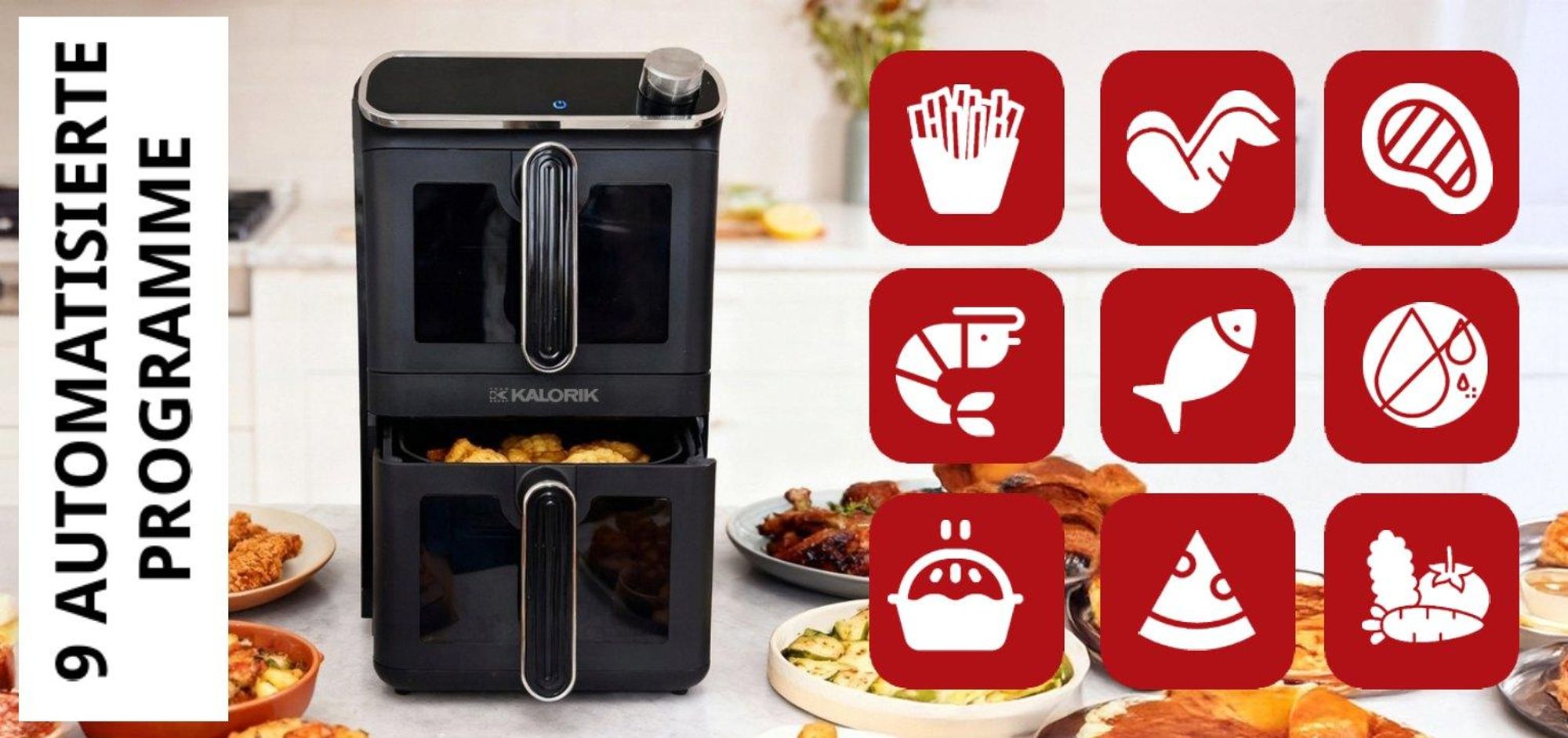 Kalorik Fettfreie Fritteuse Vertikale 2460W 11L XXL Heißluftfritteuse Turm + 2 Frittierroste, air fryer