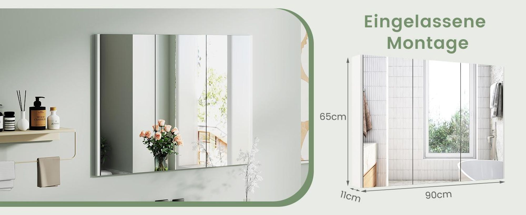 COSTWAY Spiegelschrank Badezimmer, Badezimmerspiegel mit Ablagen, Badezimmerspiegelschrank, Wandschrank mit Spiegel, Hängeschrank, 90 x 11 x 65 cm