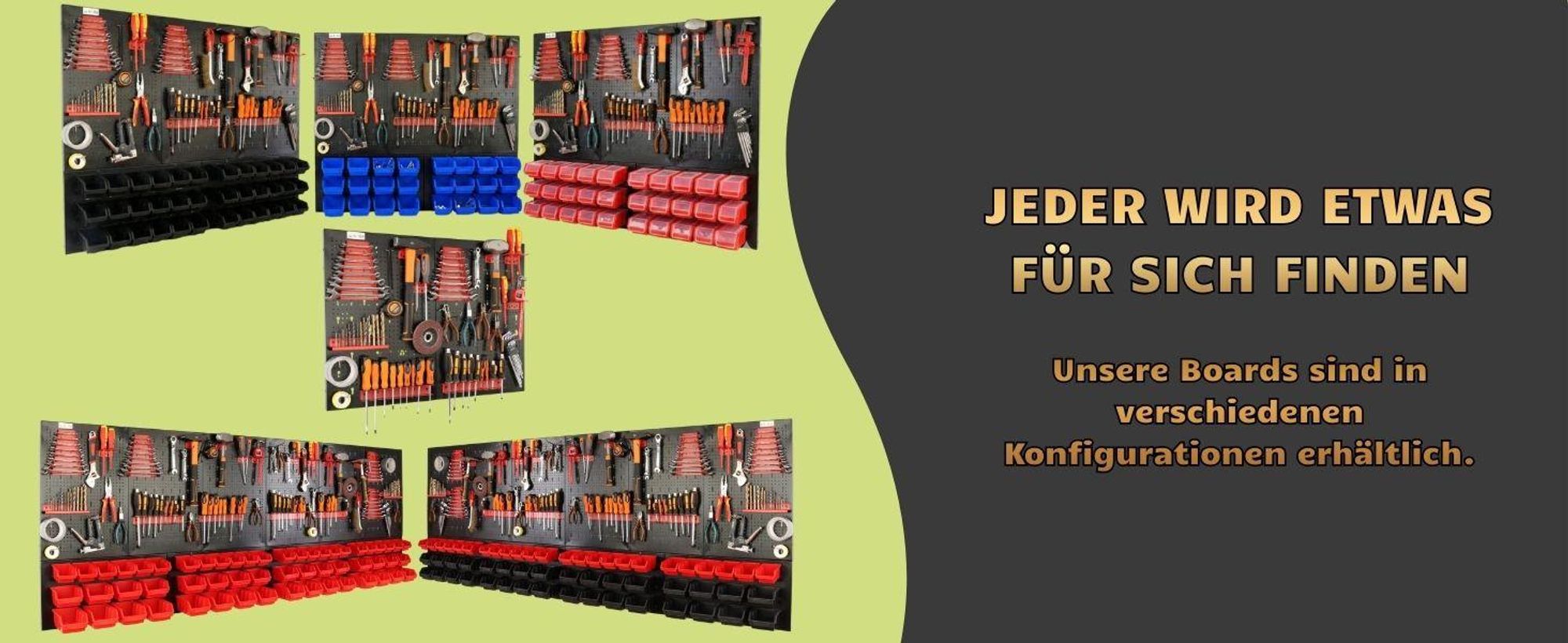 botle® Werkzeugwand Lochwand aus Metall, Stapelboxen + Wandregal + Werkzeughalter 114-tlg Set, Kleinteilelager, Wandwerkstatt mit 60 stapelbaren in 3 Farbe Behältern auch mit Deckeln, Hängeregal Sortierregal