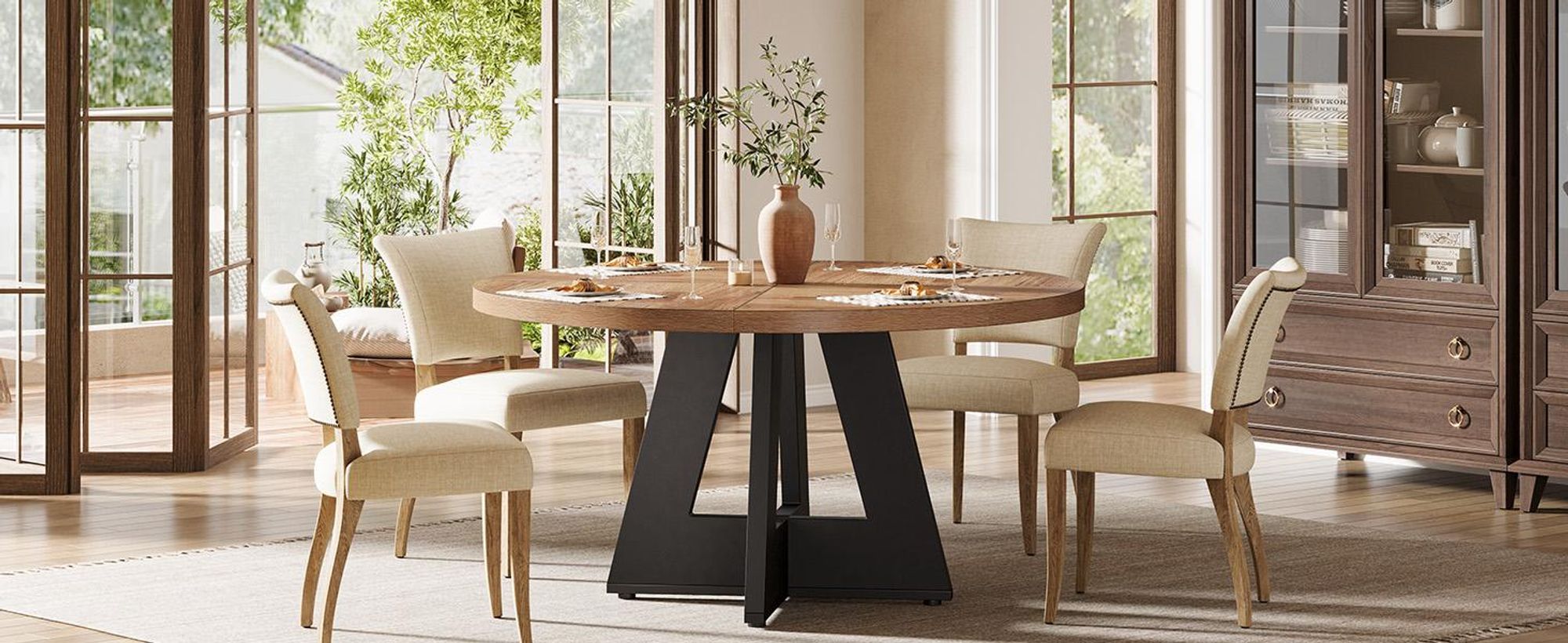 Tribesigns Farmhouse Esstisch, 120 cm Runder Esstisch für 4, Runder Esstisch für Zuhause Esszimmer Wohnzimmer (Schwarz / Braun)