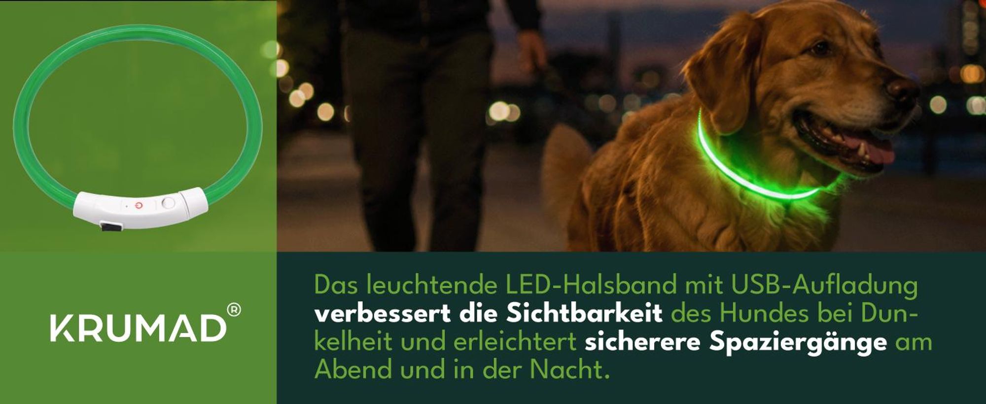 KRUMAD LED Hundehalsband Grün 70 cm, USB aufladbares Leuchthalsband für Hunde, 3 Lichtmodi, verstellbar, bis 6h Leuchtdauer