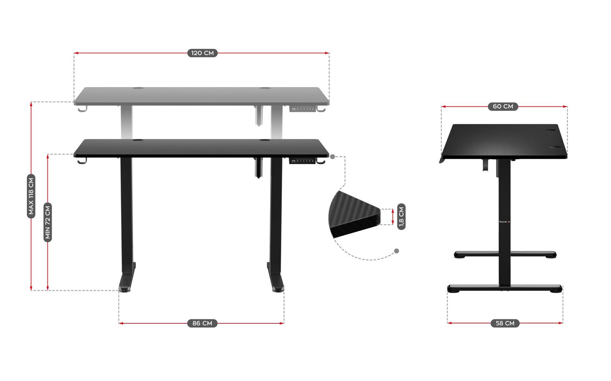 Huzaro Hero 8.2 | Tisch Elektrisch Computertisch Bürotisch Schreibtisch Stehtisch 120 x 60 cm Höhenverstellbarer | Stufenlos verstellbar | Schwarz