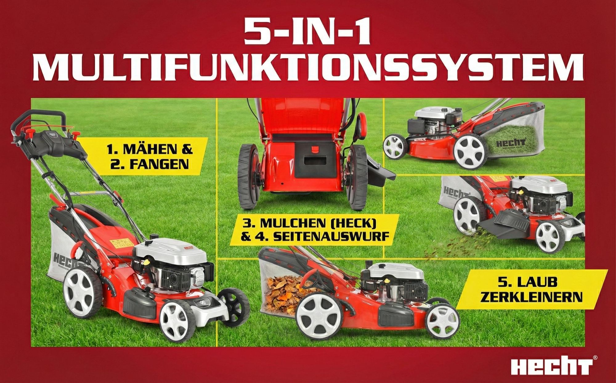 HECHT 5484 SXE Rasenmäher Benzin | mit Antrieb | Elektrostart | 46 cm Schnittbreite | 5 PS | 5in1 | 60L Fangkorb