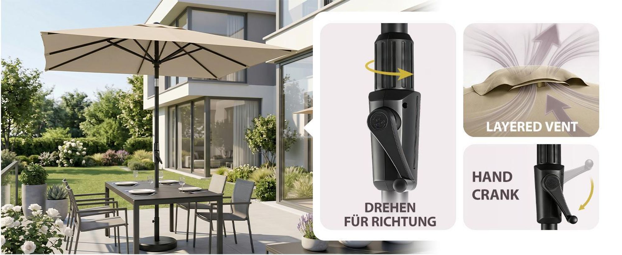 Sekey Rechteckiger Sonnenschirm 300x200 cm, großer Marktschirm mit Kurbel neigbar & 30° knickbar, UV50+ Sonnenschutz, wetterfester Gartenschirm