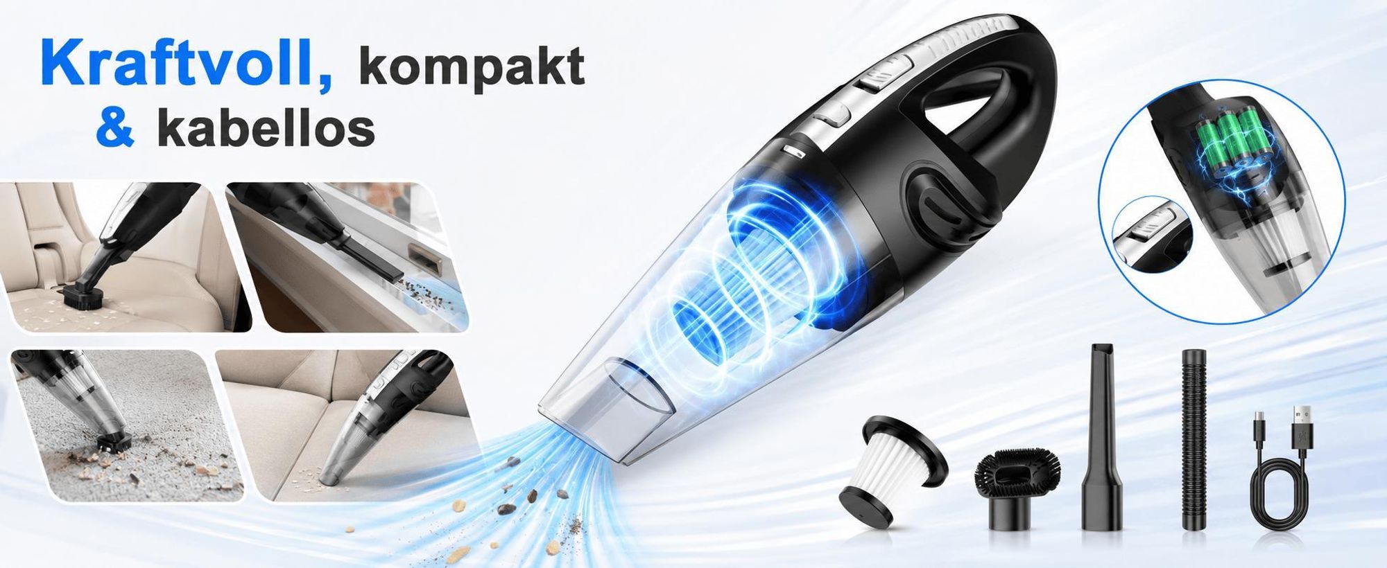 Handstaubsauger Akku 120W, Mini Staubsauger Kabellos für Auto Haushalt, Nass Trockensauger, Waschbarer HEPA Filter, USB Ladegerät, Zubehör