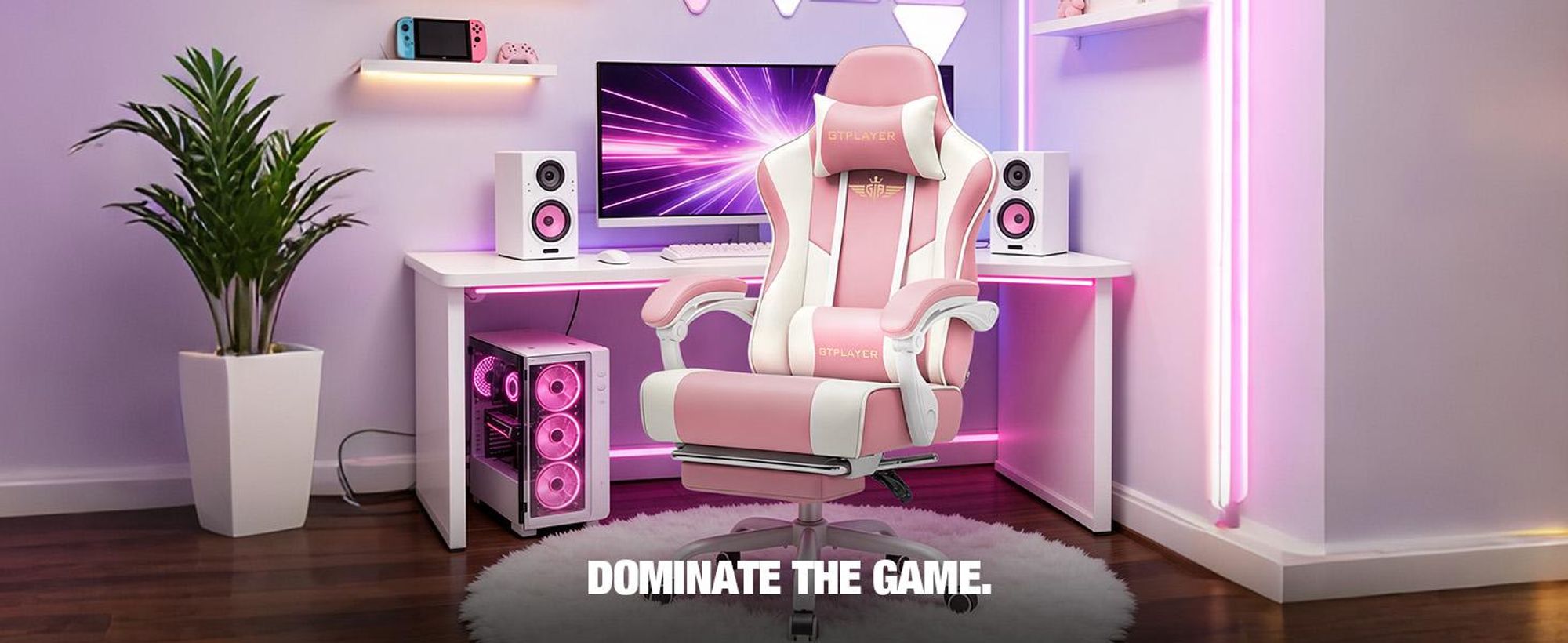 Sedia da gaming GTPLAYER - Sedia da gaming ergonomica con poggiapiedi, poggiatesta e supporto lombare, regolabile in altezza, colore ROSA