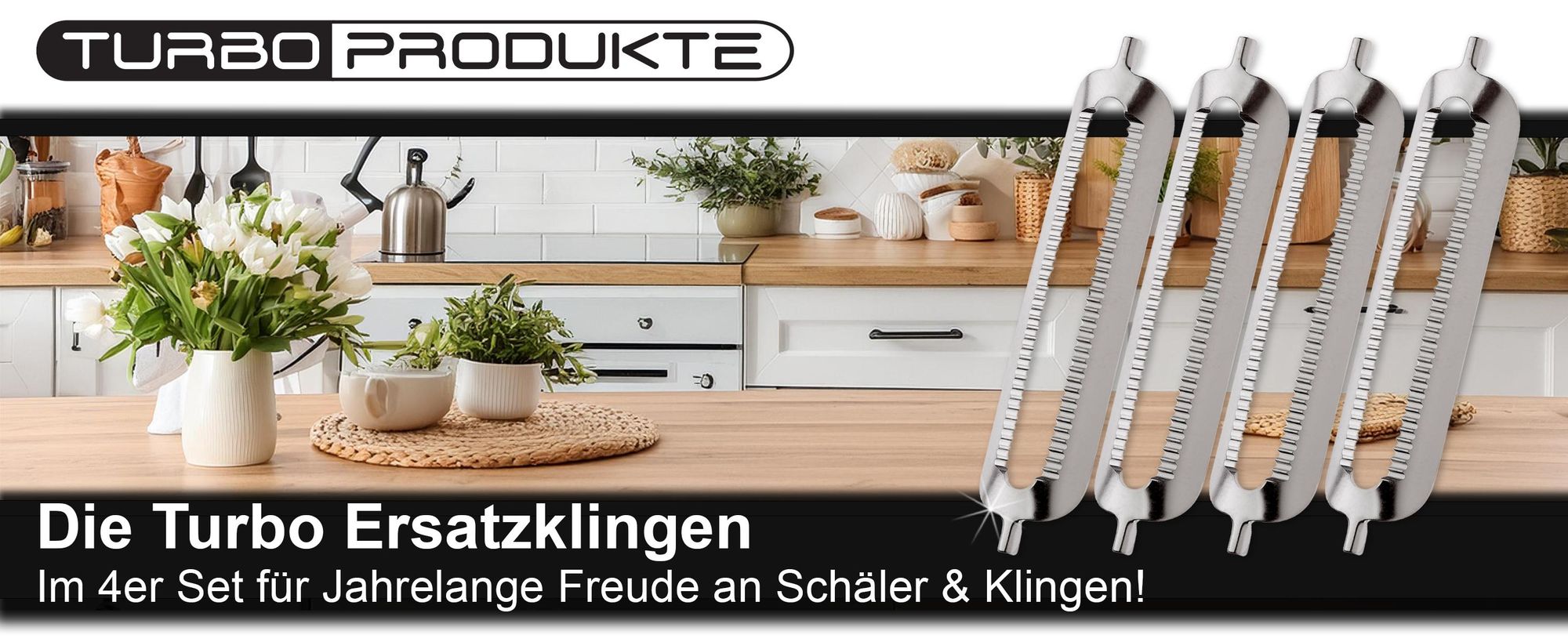 Vier TURBO Ersatzklingen aus Edelstahl mit Wellenschliff in einer Küche, 4er Set