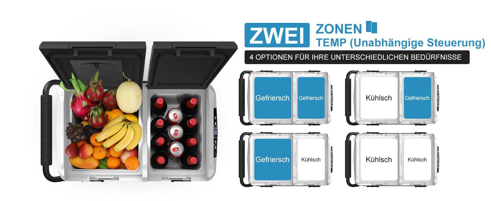 55L Kompressor Kühlbox mit Bluetooth-App, 2× UNABHÄNGIGE Temperaturregelung (-20°C bis 20°C), 12V/24V/230V, Rollen & USB-Anschluss, Leise (45 dB) für