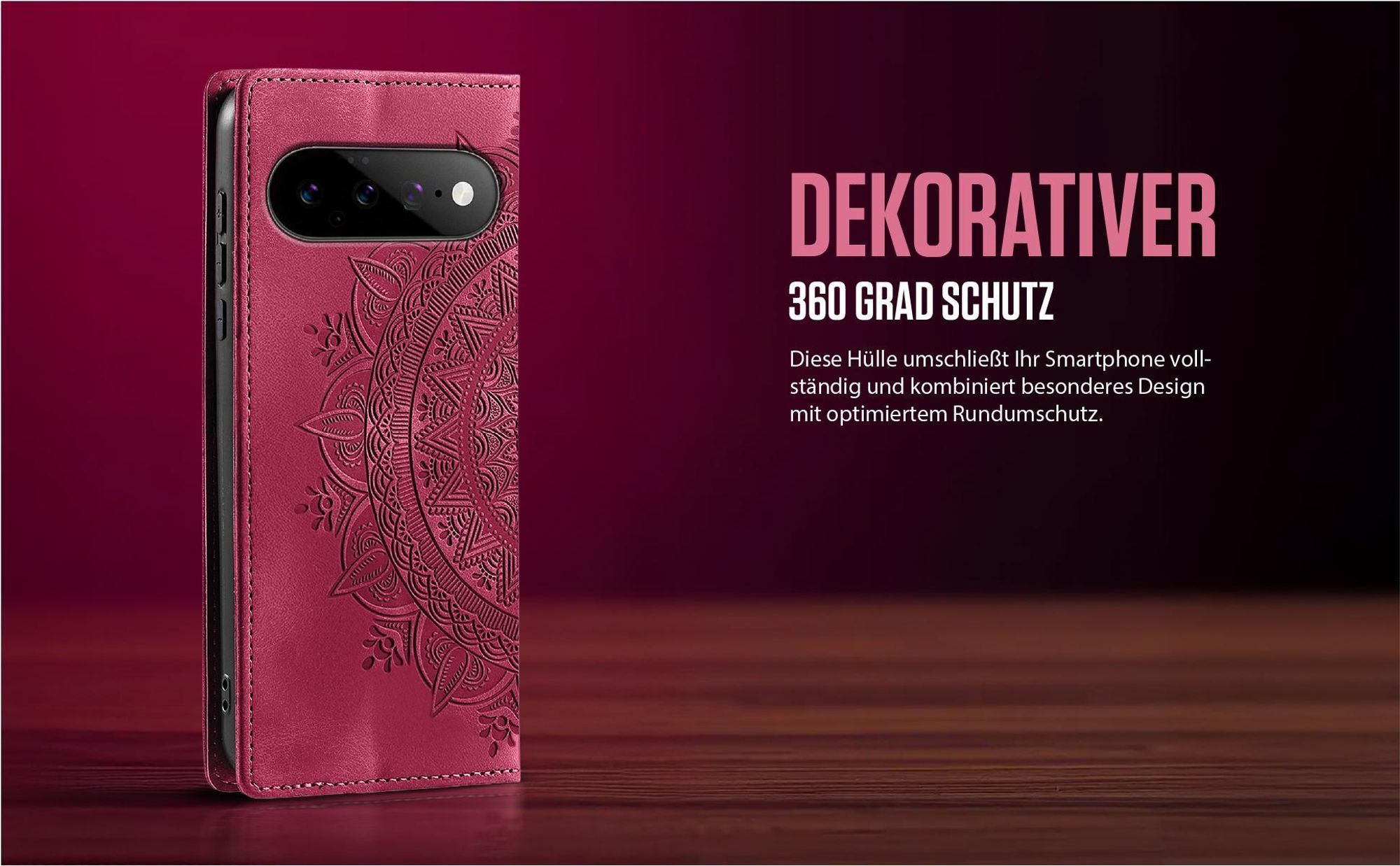 Mandala Design Flipcase in Magenta für Google Pixel 11 / 11 Pro mit 360 Grad Schutz