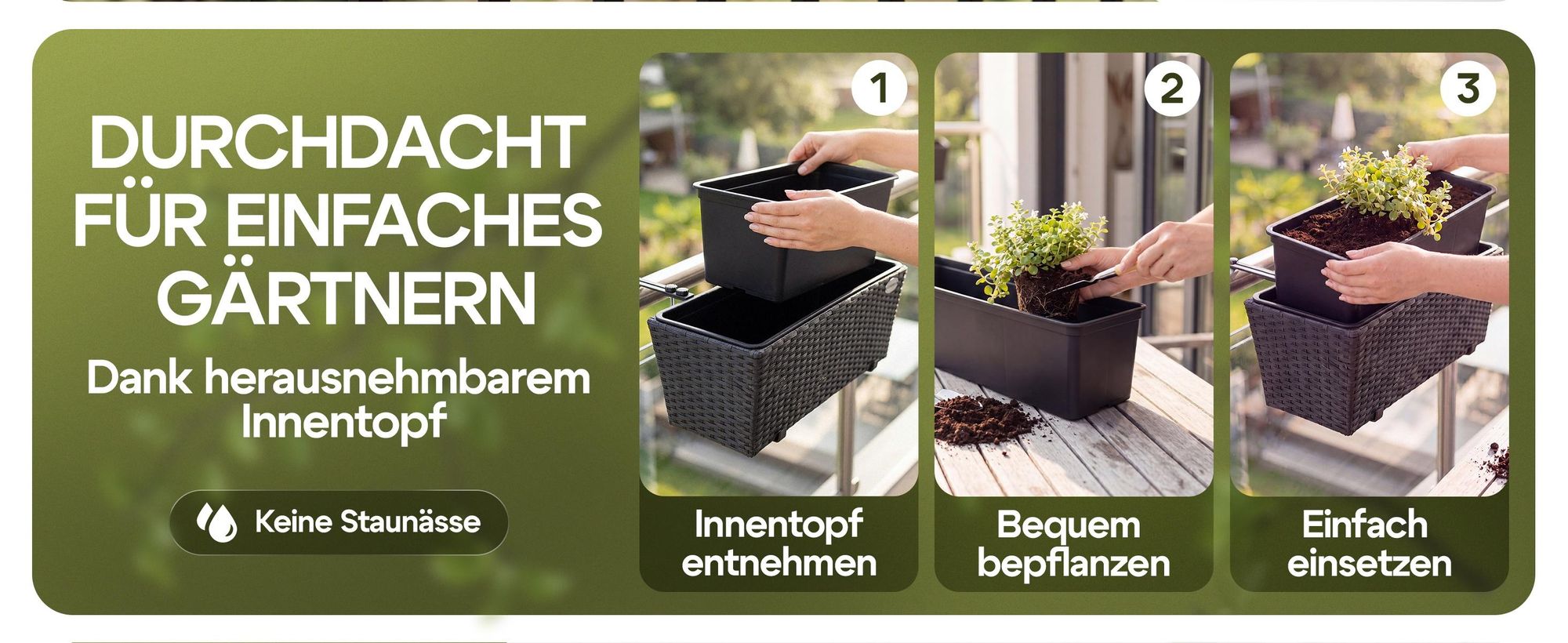 CASARIA® Blumenkasten 2er Set 11 Liter Montagehalterung indoor outdoor Geländerkasten Balkonkasten Pflanzkasten schwarz