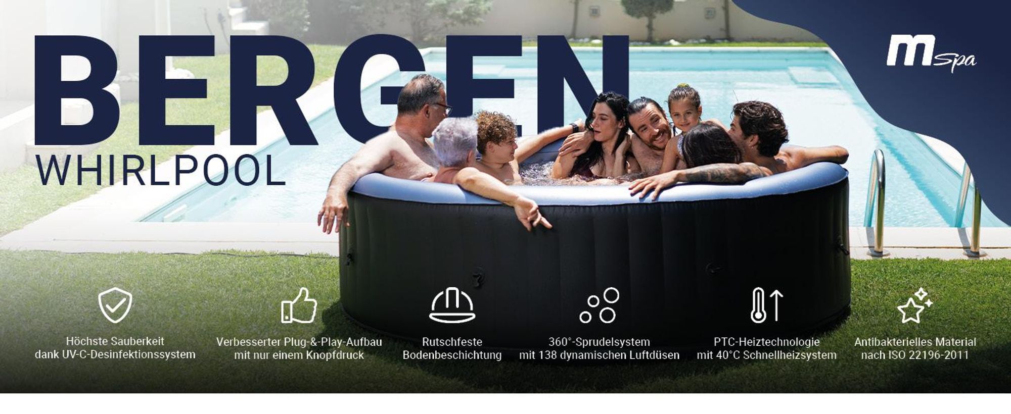 MSpa Whirlpool Comfort Bergen | 6 Personen Pool - In- & Outdoor Spa - 138 Massagedüsen - Fernbedienung - Aufblasfunktion per Tastendruck - 204x204 cm