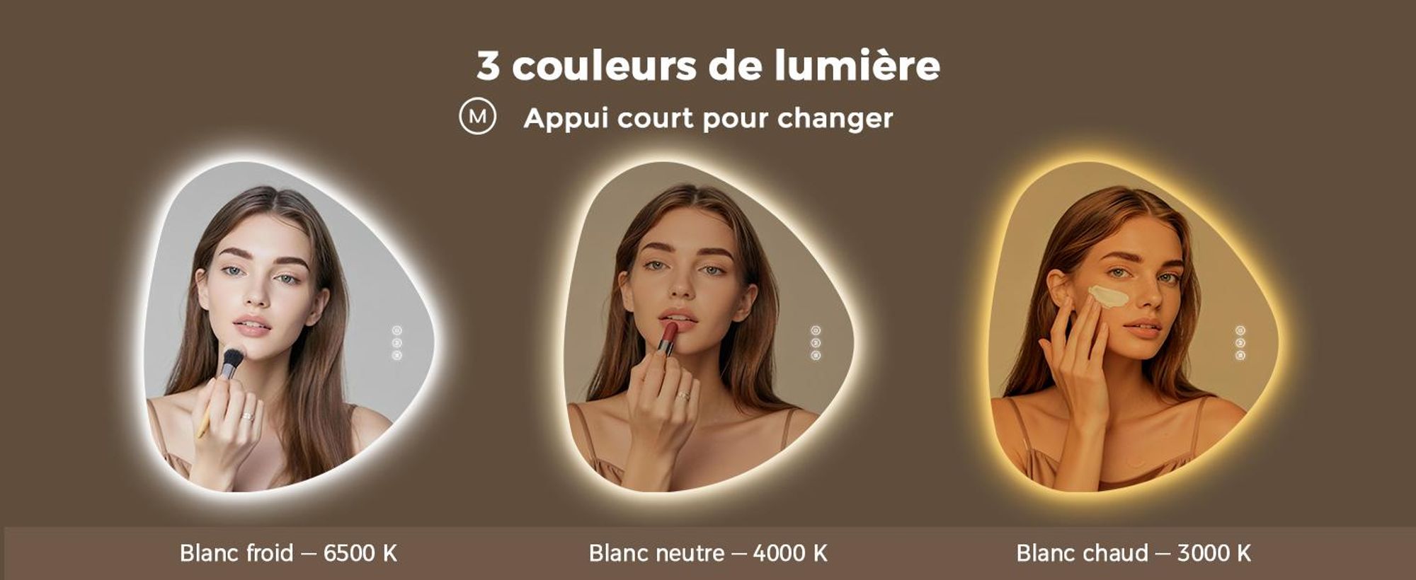 Miroir de salle de bain asymétrique AFIELINA avec éclairage LED, 60 x 70 cm, sans cadre, 3 couleurs de lumière, variateur d'intensité, anti-buée, fonction mémoire
