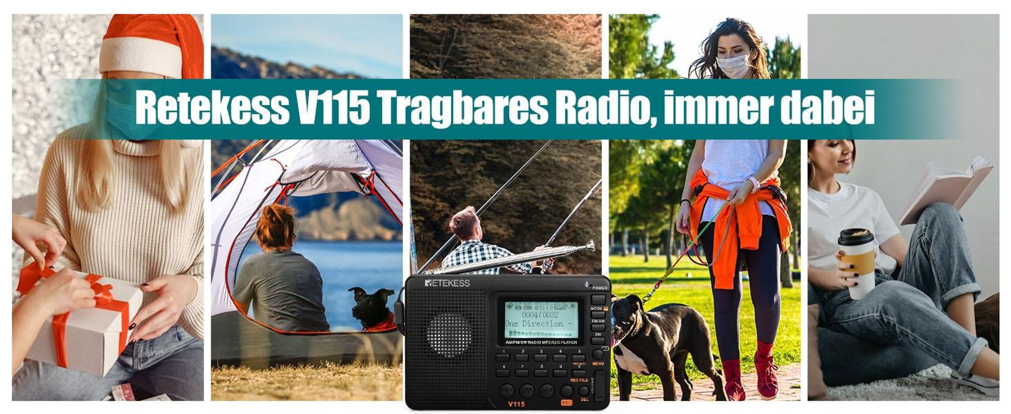 Retekess V115 Tragbares Radio,Radio AM FM SW mit 1000mAh Wiederaufladbare Batterie, 32 GB TF Karte, Weihnachtsgeschenke für die Familie