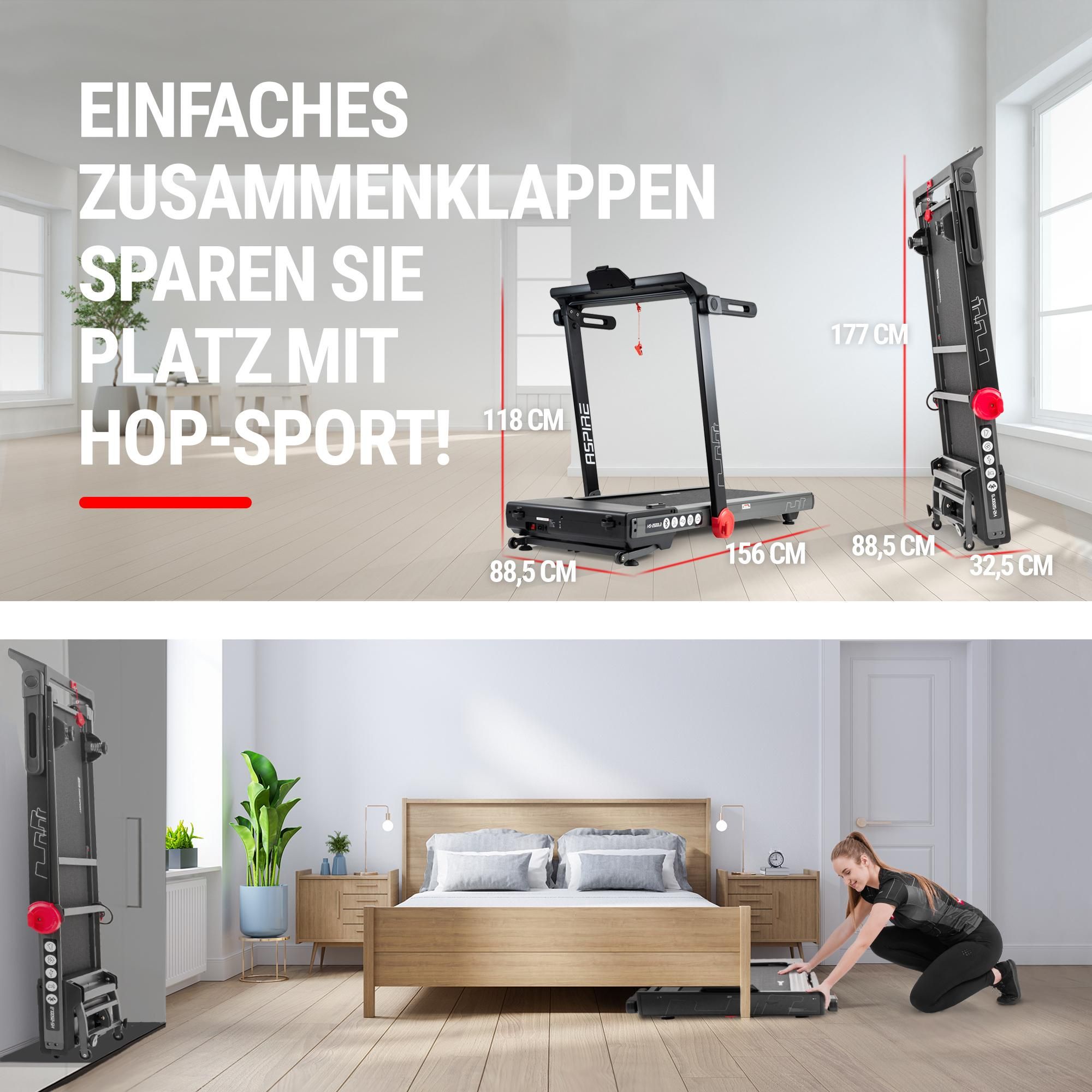 Hop-Sport Laufband für Zuhause Aspire HS-2500LB - elektrisches Laufband mit USB- und Bluetooth, bis 18km/h, bis 150 kg belastbar, Motor 3,0 HP