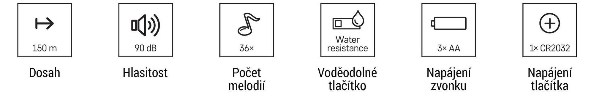 EMOS sada zvonku s vodotěsným tlačítkem, 36 melodií, barevná signalizace, dosah 150 m, 90 dB, napájení na baterie, bílá, P5736