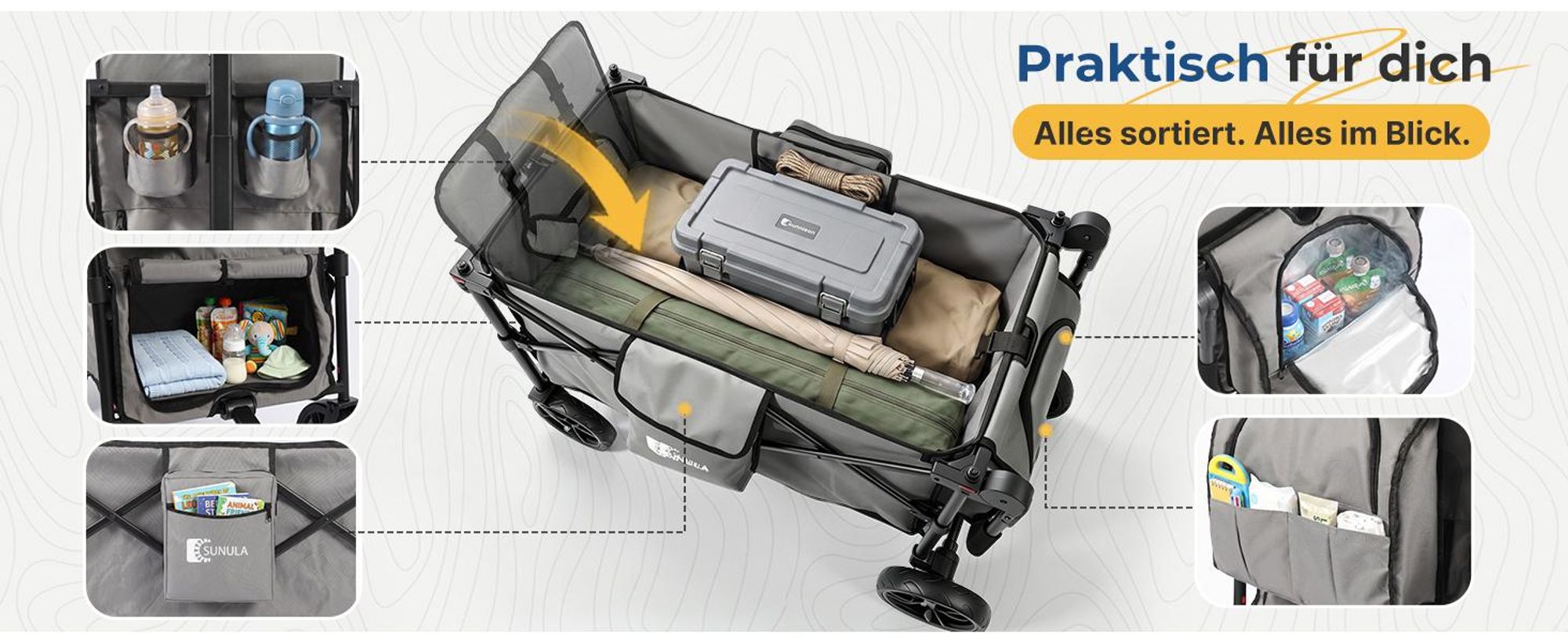 Sekey Faltbar Bollerwagen mit Dach, für 1 bis 2 Kinder, Schiebe- und Zieh Funktion, mit XXL-Rädern (25/20 cm) und 5-Punkt-Gurtsystem, Grau