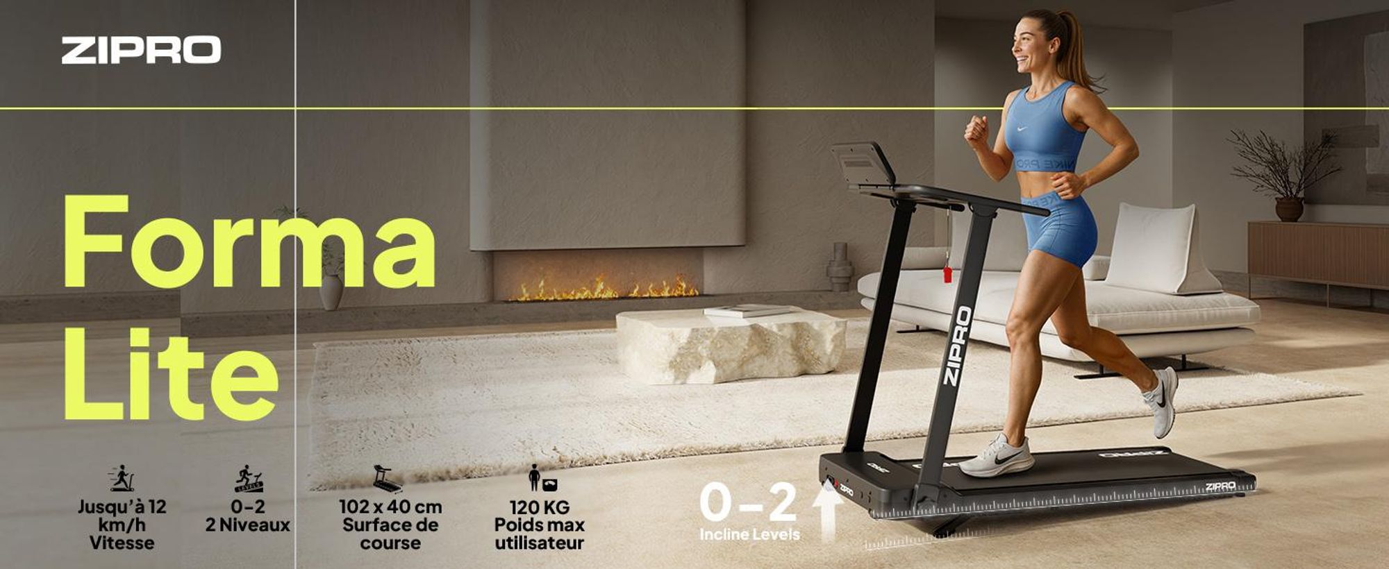 Tapis de course électrique pliable ZIPRO Forma Lite – Design ultra plat, vitesse maximale de 12 km/h et capacité de charge de 120 kg – Compatible avec l'application Bluetooth, tapis de course silencieux