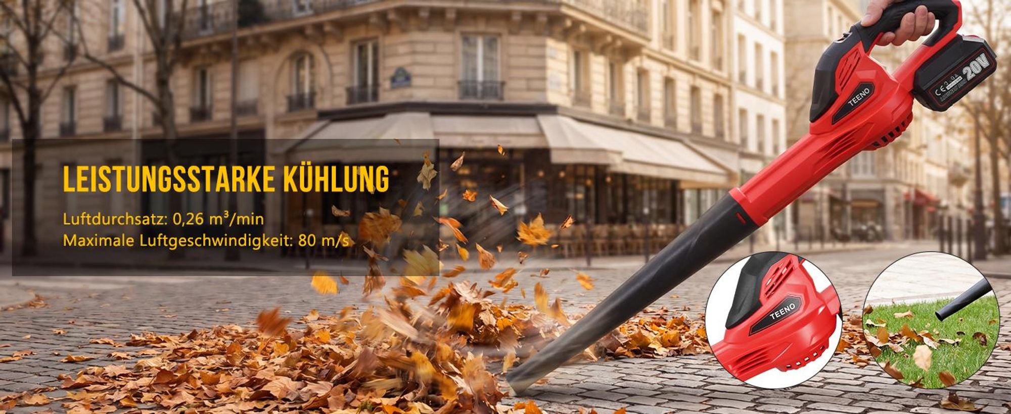 TEENO Souffleur de Feuilles sans Fil 20V - 80 m/s (288 km/h) Haute Vitesse, Batterie 3.0Ah Incluse, Léger 2.45 kg, Poignée Antidérapante pour Jardin