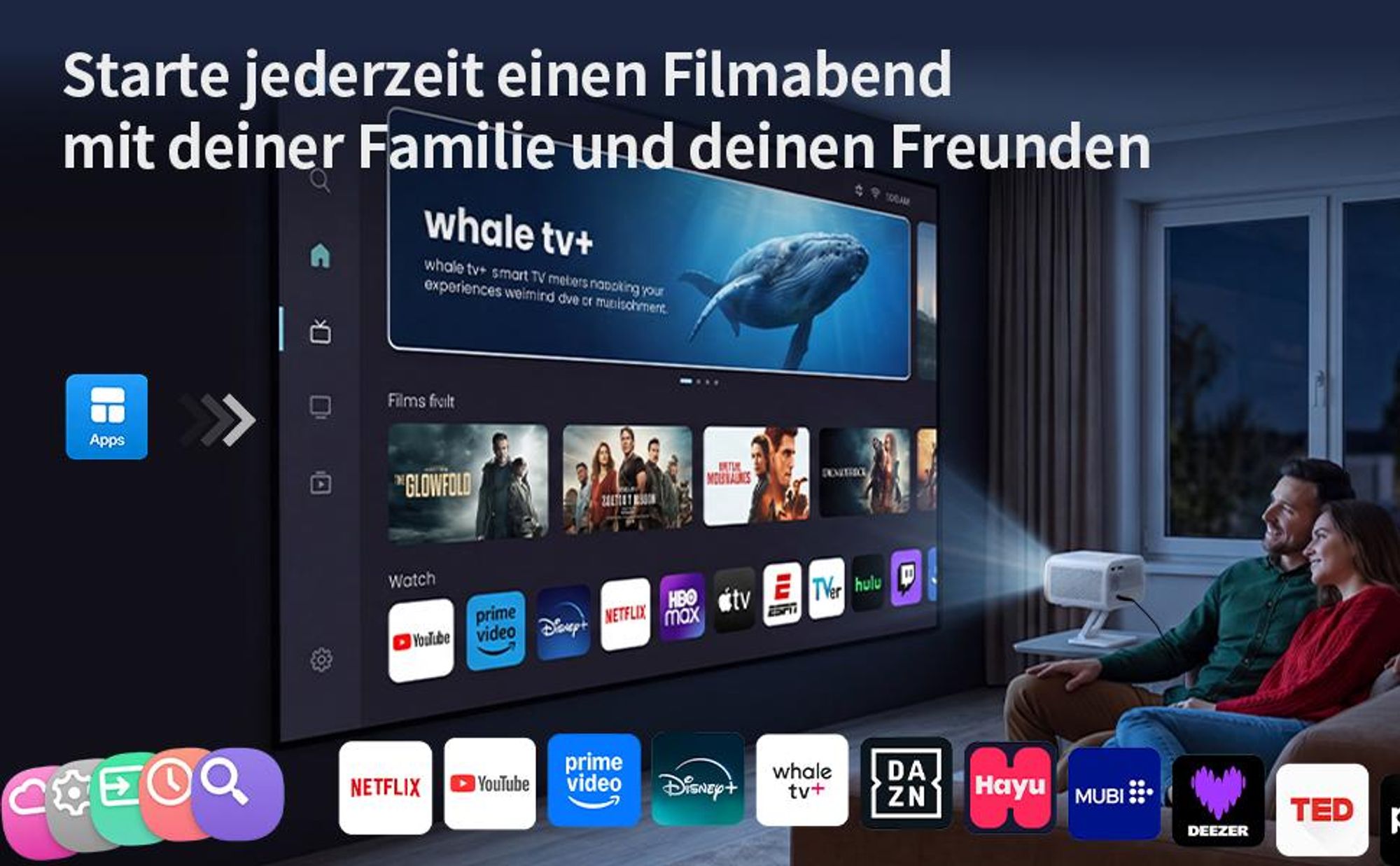 Beamer 4K Heimkino Mit Netflix lizenzierter (Autofokus)Mit Ständer Beamer, Full HD 1080P, Auto Trapezkorrektur, Auto Hindernisvermeidung