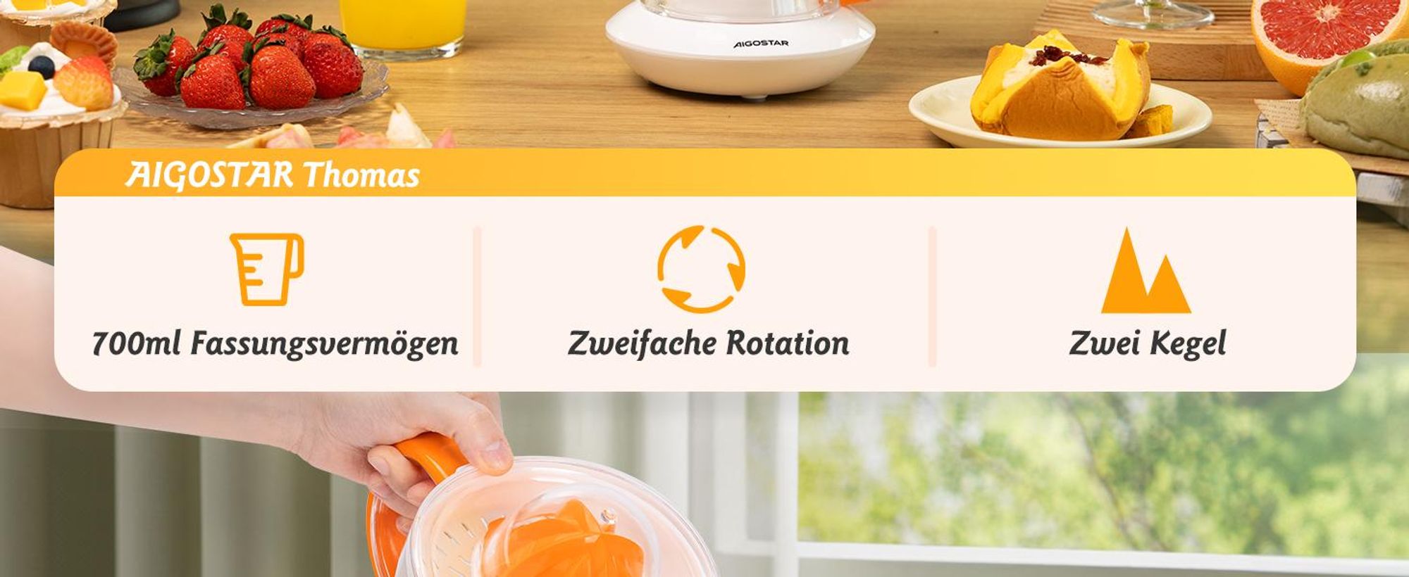 Aigostar Orangenpresse, Zitruspresse, Entsafter Saftpresse Elektrisch 2 Kegel, Orangenpresse, Zitruspresse , 40W, Hohe Saftausbeute, Tropfsicherer