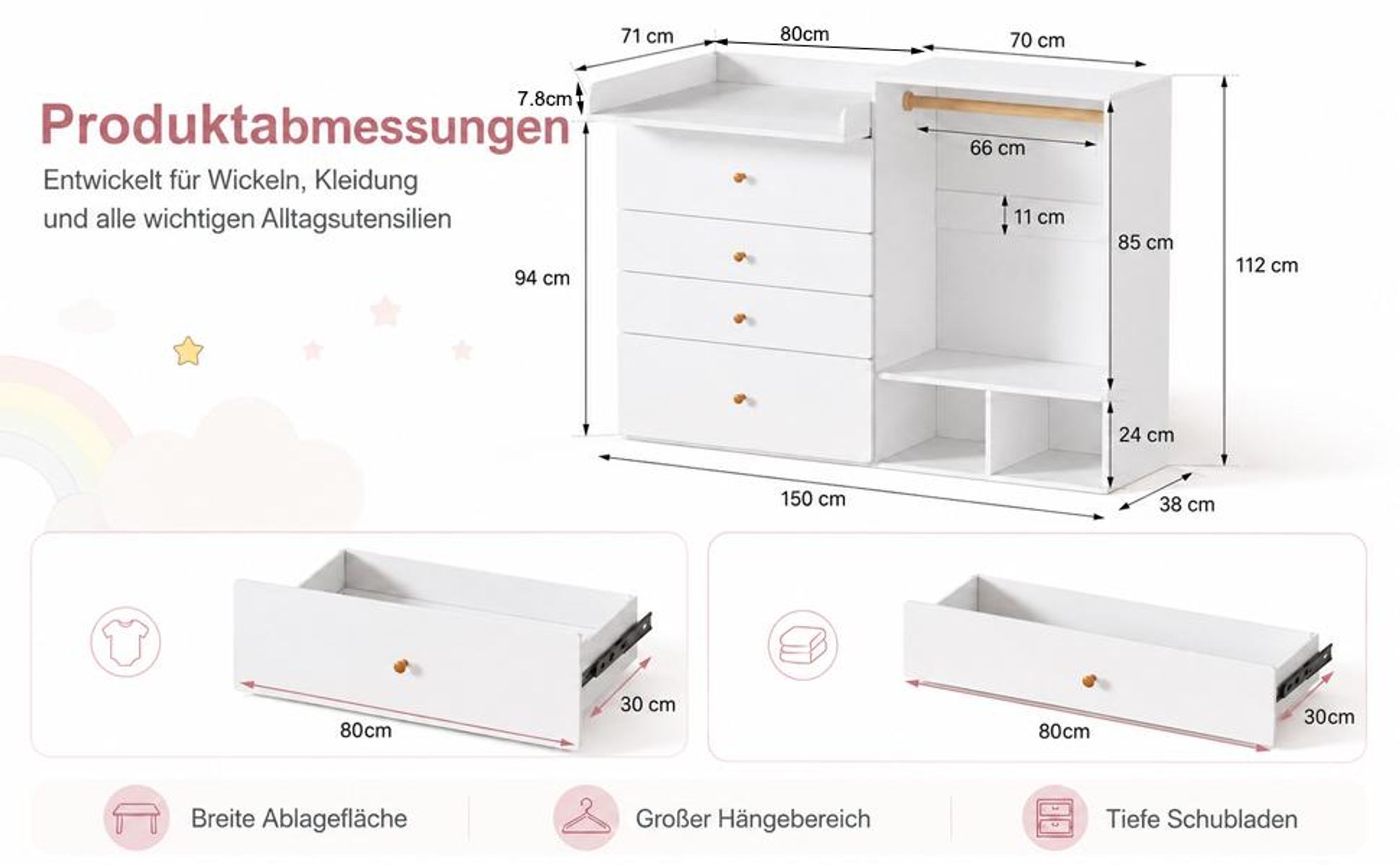 Wickelkommode mit Wickeltisch, Baby Wickeltisch mit Schubladen und Kleiderstange, Multifunktionale Kinderzimmer Kommode, 150 x 112 x 38 cm