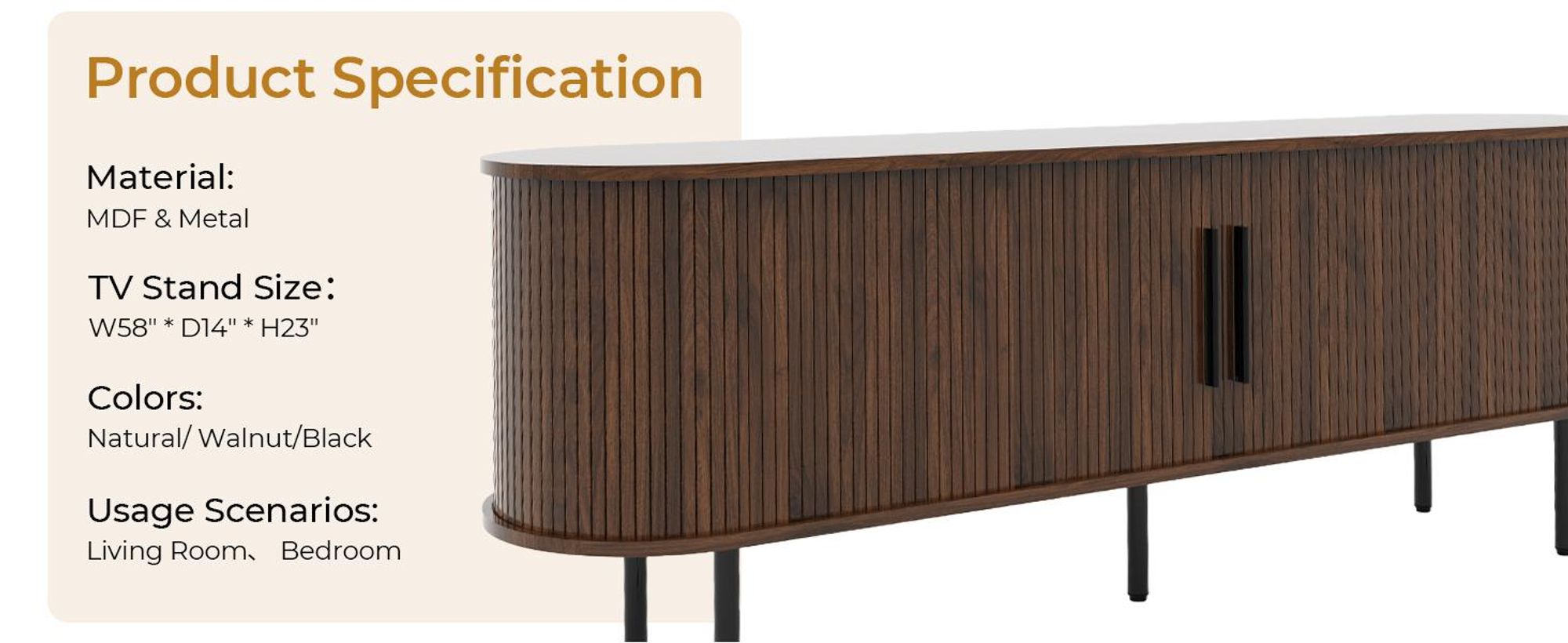 TV-Schrank mit Relief-Oberfläche, Spanplatte, ovaler Tischplatte, Schiebe-Gittertür, 147×35×58 cm, Nussbaumfarbe