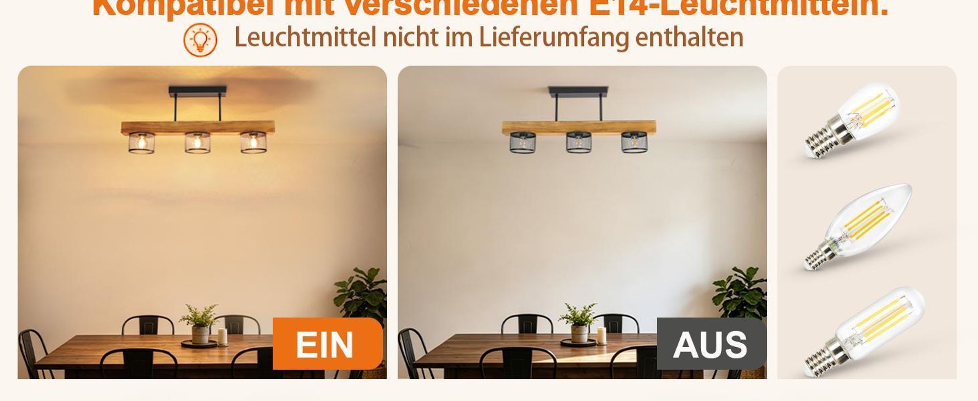 ZMH Deckenlampe Holz 3 flammig E14 Deckenleuchte Wohnzimmerlampe aus Metall Gitterschirm  Küchenlampe Decke für Esstisch Wohnzimmer Küche Schlafzimmer