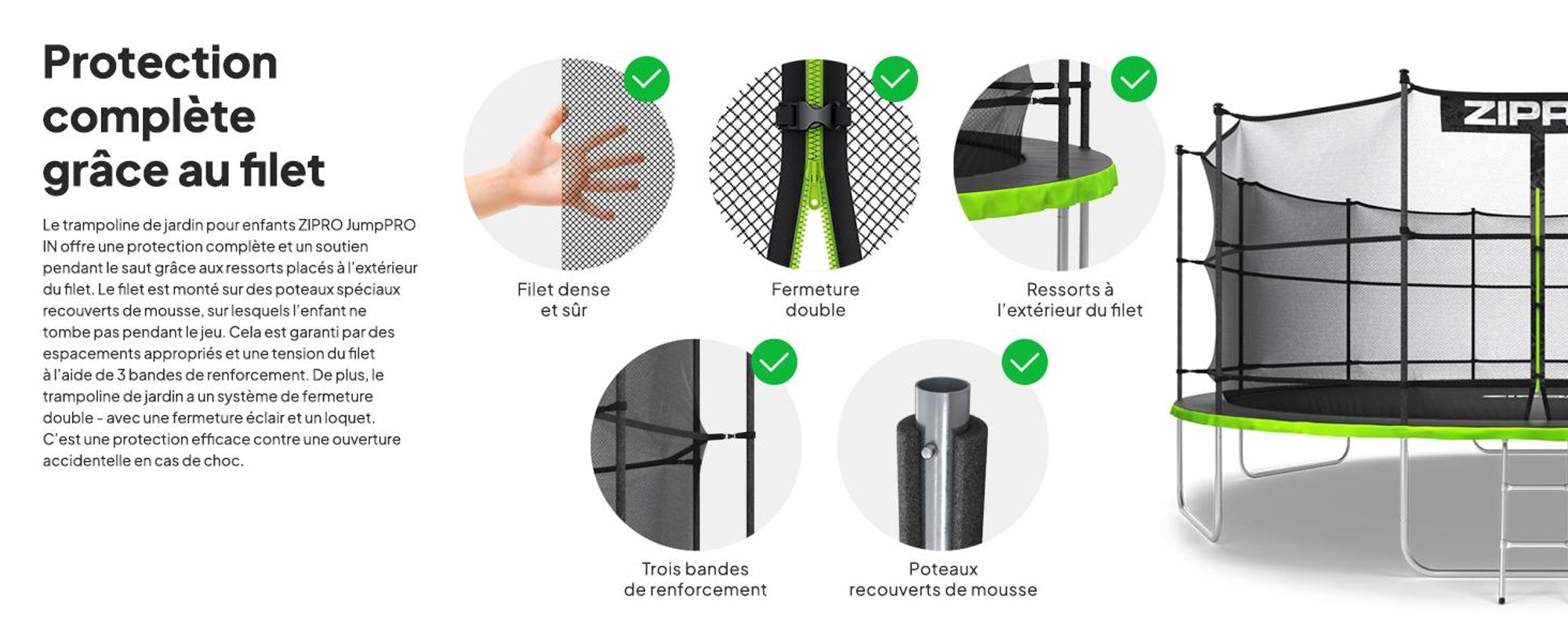 Trampoline ZIPRO Jump Pro IN | 16FT Ø 496 cm | Trampoline de jardin Trampoline pour enfants Kit complet avec filet intérieur, échelle et housse de protection, extérieur, vert