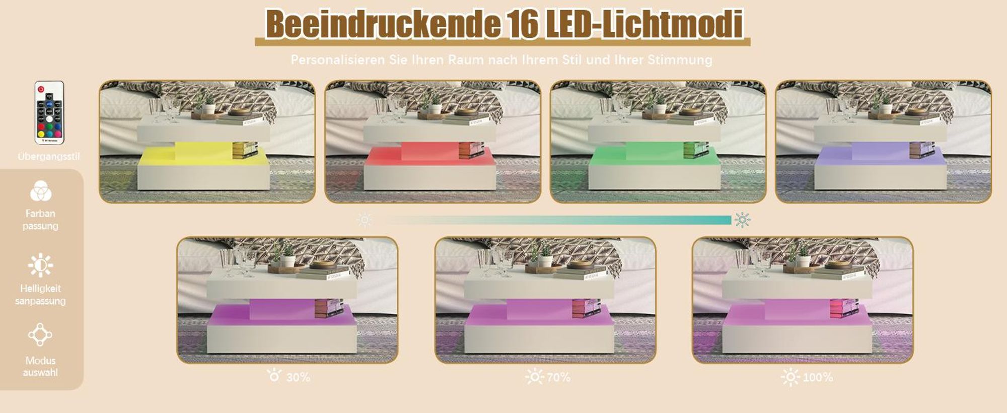 Radelldar Wohnzimmertisch mit 2 Schubladen, mit LED und Verstecktem Stauraum, matt 78x78x40cm, Weiß