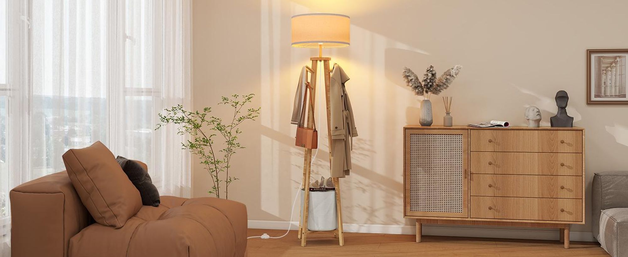 Puluomis Stehlampe mit Garderoben-Ständer 176cm, 8 Haken & Stauraum, Leinen Lampenschirm E27 Fassung, Fußschalter, Für Wohnzimmer beige