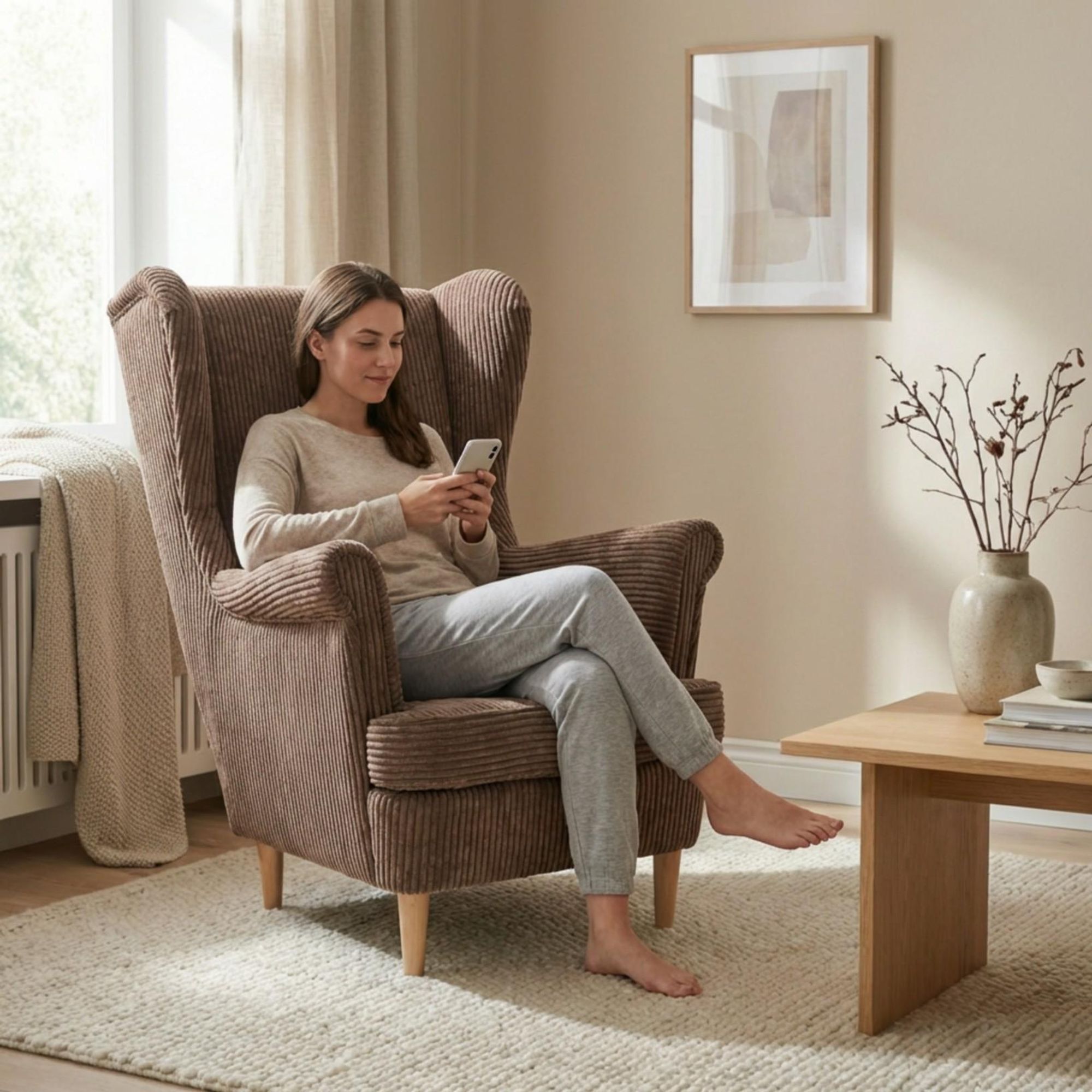 Ohrensessel ARI Bonito – skandinavischer Sessel mit Cord-Bezug, Braun, Family Meble