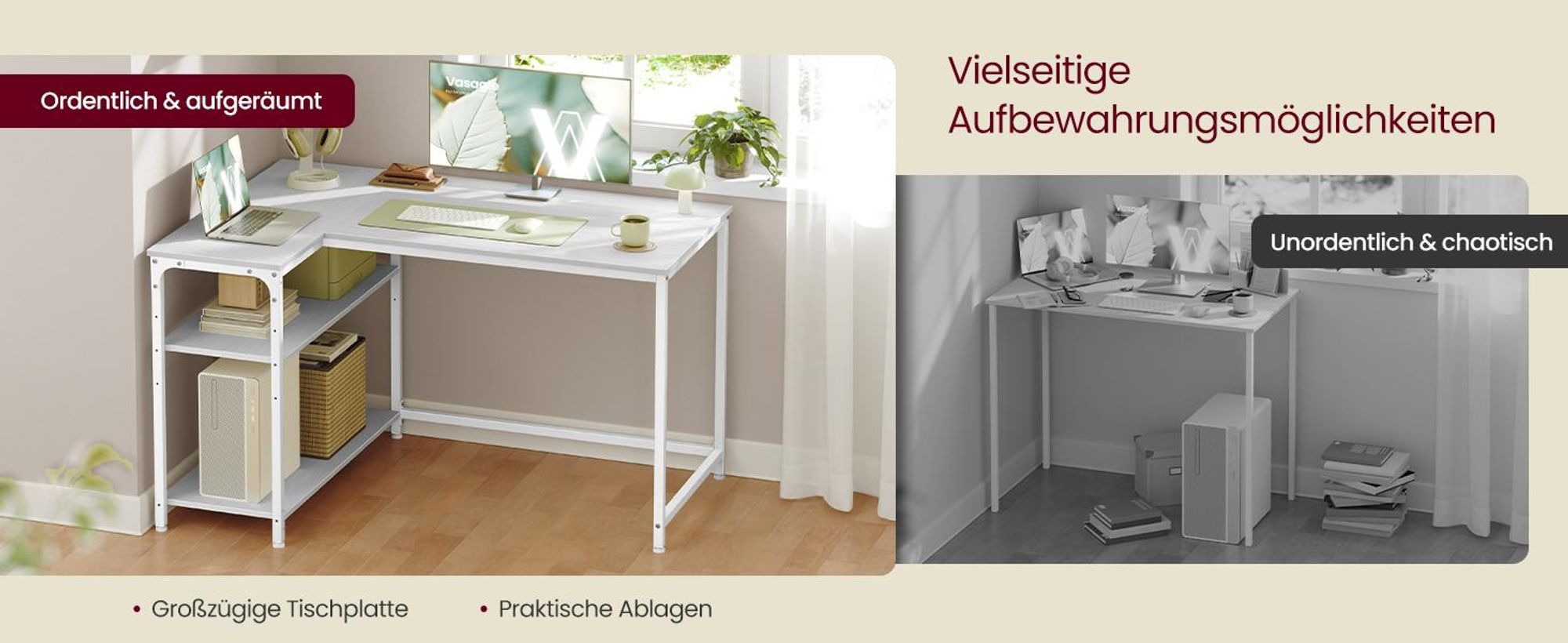 VASAGLE Schreibtisch mit Stauraum, L-Form Computertisch, höhenverstellbare Ablage, Büro, 110 x 80 cm, weiß