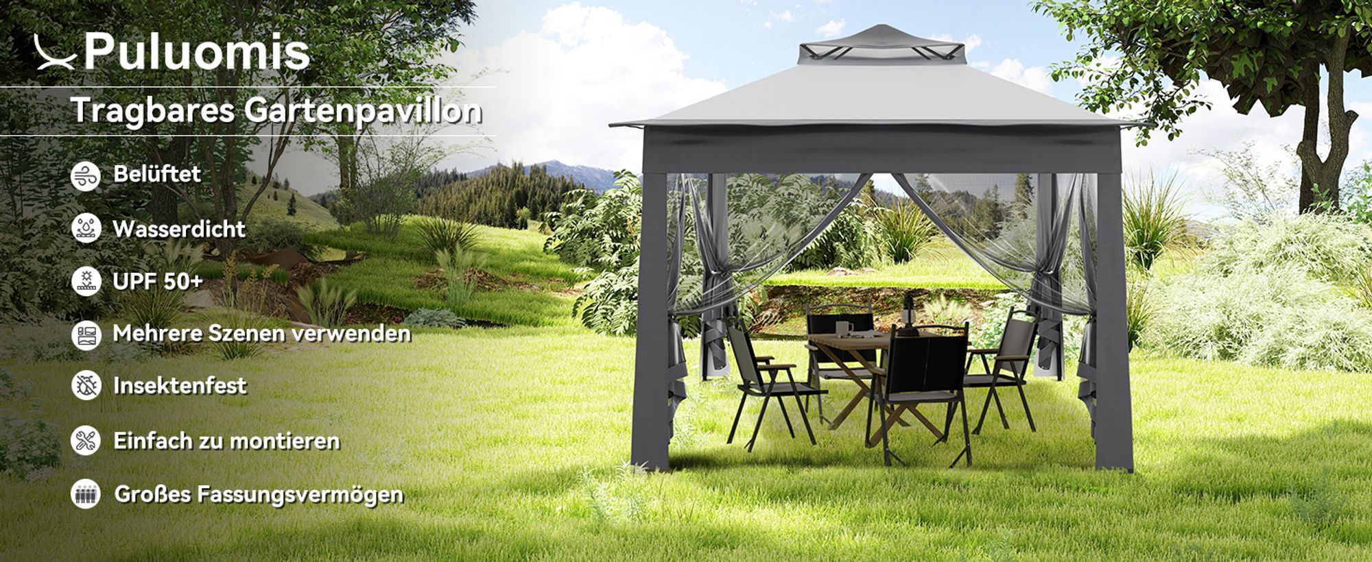 Puluomis Faltpavillon Gartenpavillon Pop Up 2.7 x 2.7m Pavillon Faltbar Pavillons & Partyzelte Wasserdicht Gartenzelt, UV-Schutz 50+ Grau