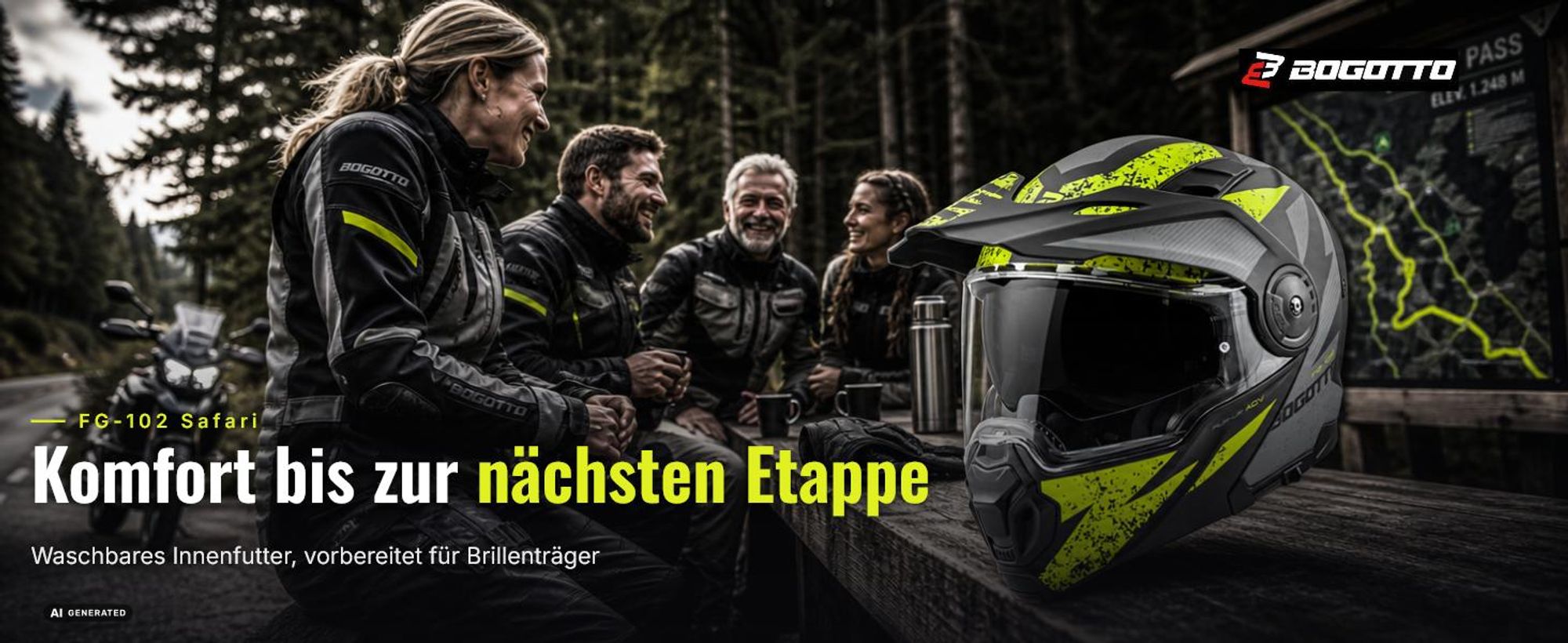 Bogotto FG-102 Safari Fiberglas Enduro Klapphelm Helm, schwarz matt/grau, XL