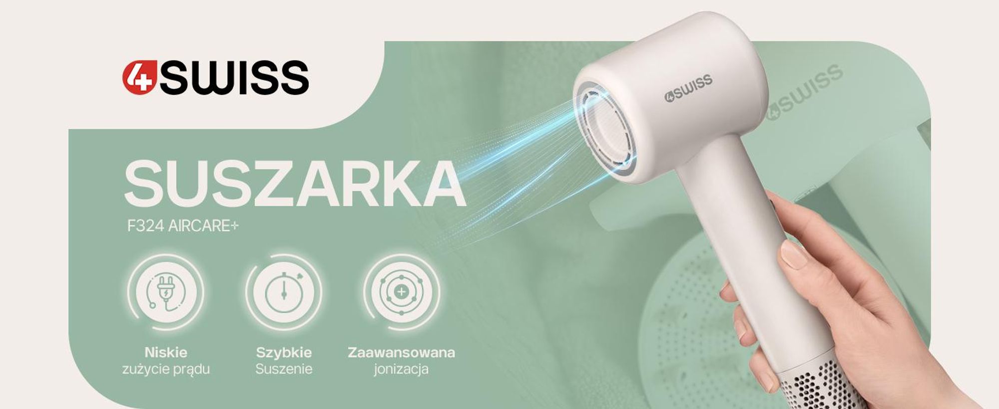 4Suszarka do włosów Swiss F324 AirCare+, 8 trybów suszenia, 110 000 obrotów na minutę, jony >500 milionów, magnetyczna końcówka do stylizacji, cicha i lekka 370 g.