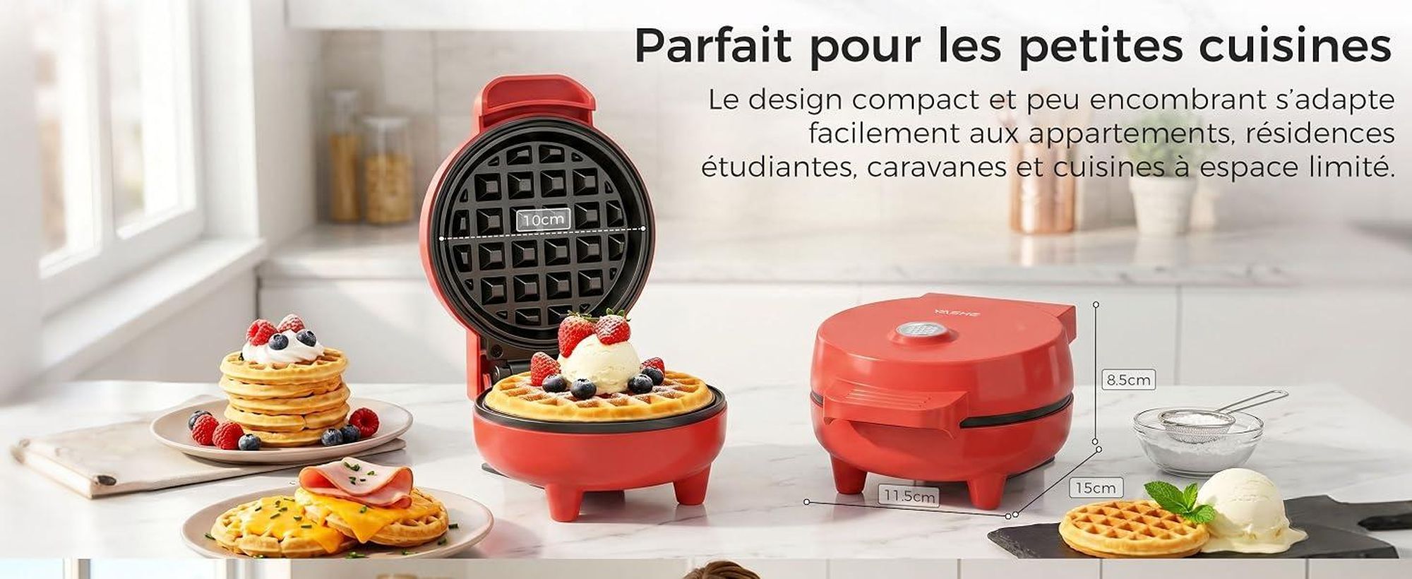 YASHE Mini gaufrier ABW59C, 550 W, plaque 10 cm, antiadhésif, rouge