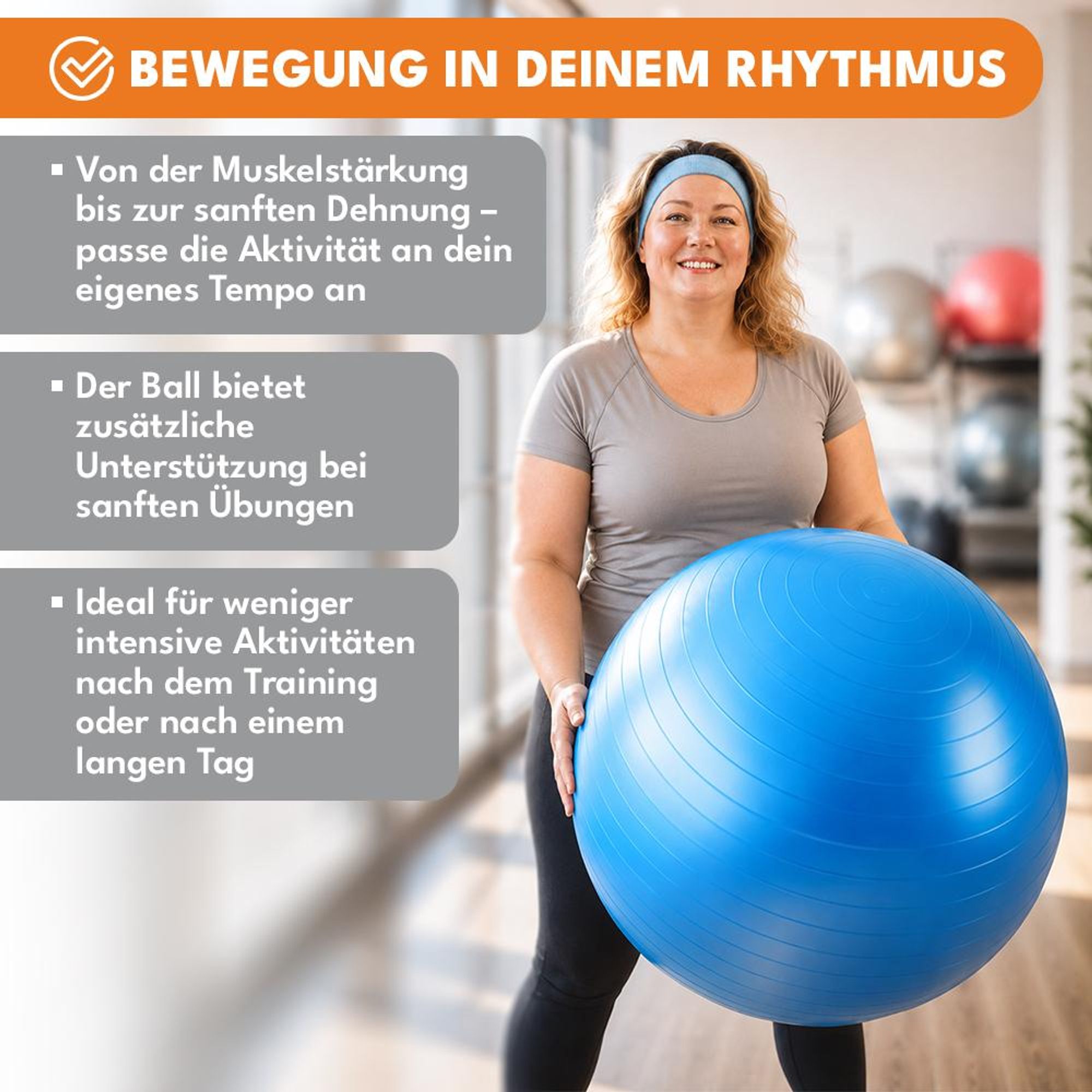 KRUMAD Gymnastikball 65 cm, Fitnessball Pilates Ball Sitzball, Anti-Burst Trainingsball mit Anti-Rutsch Oberfläche, Yoga und Gymnastik