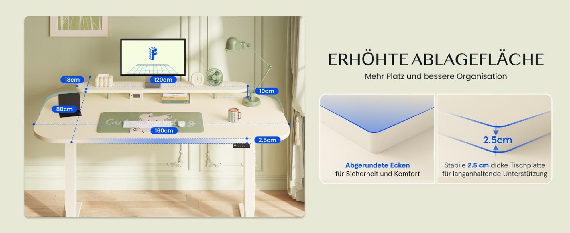 FLEXISPOT E1 Pro Elektrisch Höhenverstellbarer Schreibtisch 120x80cm 25MM EINTEILIGE TISCHPLATTE Doppelmotor 120KG Tragkraft 4 Speicherplätze, Mousseweiß+Mintgrün