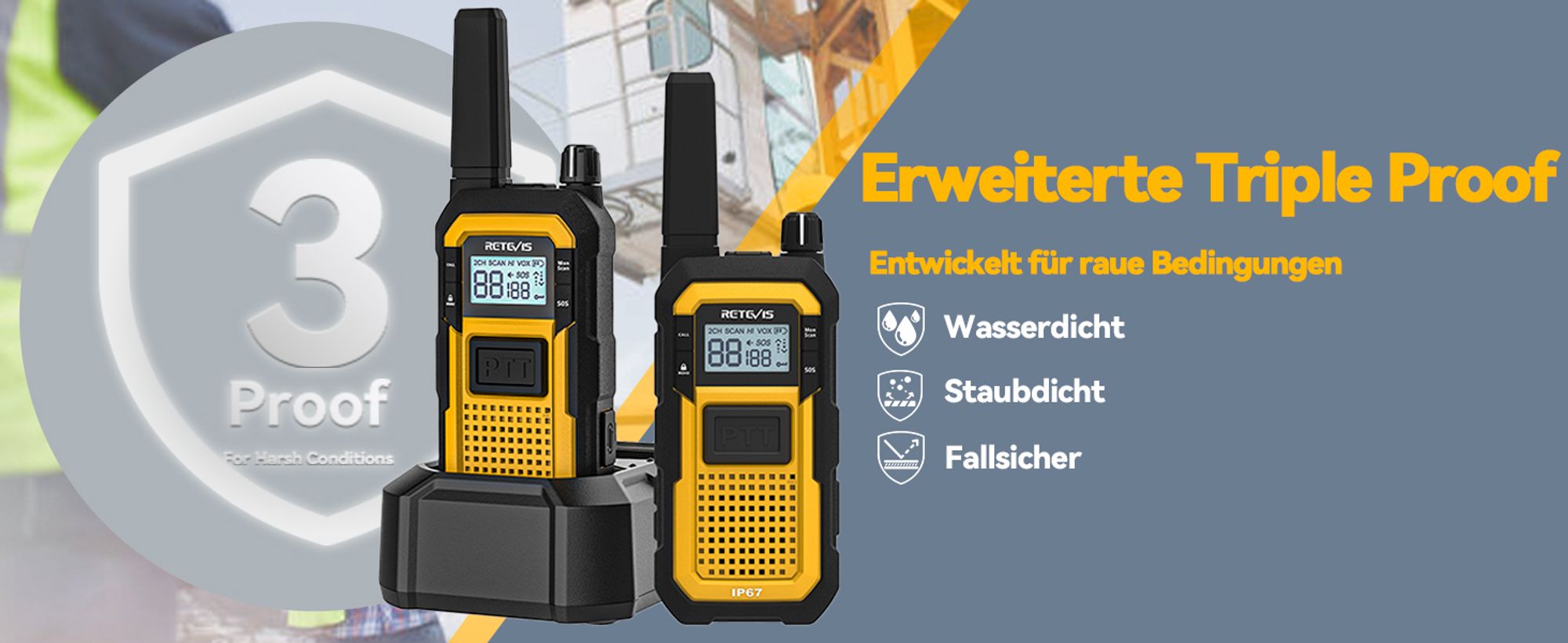 Retevis RB648 Hochleistungs Walkie-Talkies, IP67 Wasserdichtes Funkgerät, Stoßfest, 2000 mAh, USB-C, Professionelles Walkie-Talkie für Erwachsene auf der Baustelle, Transport (6 Stück)