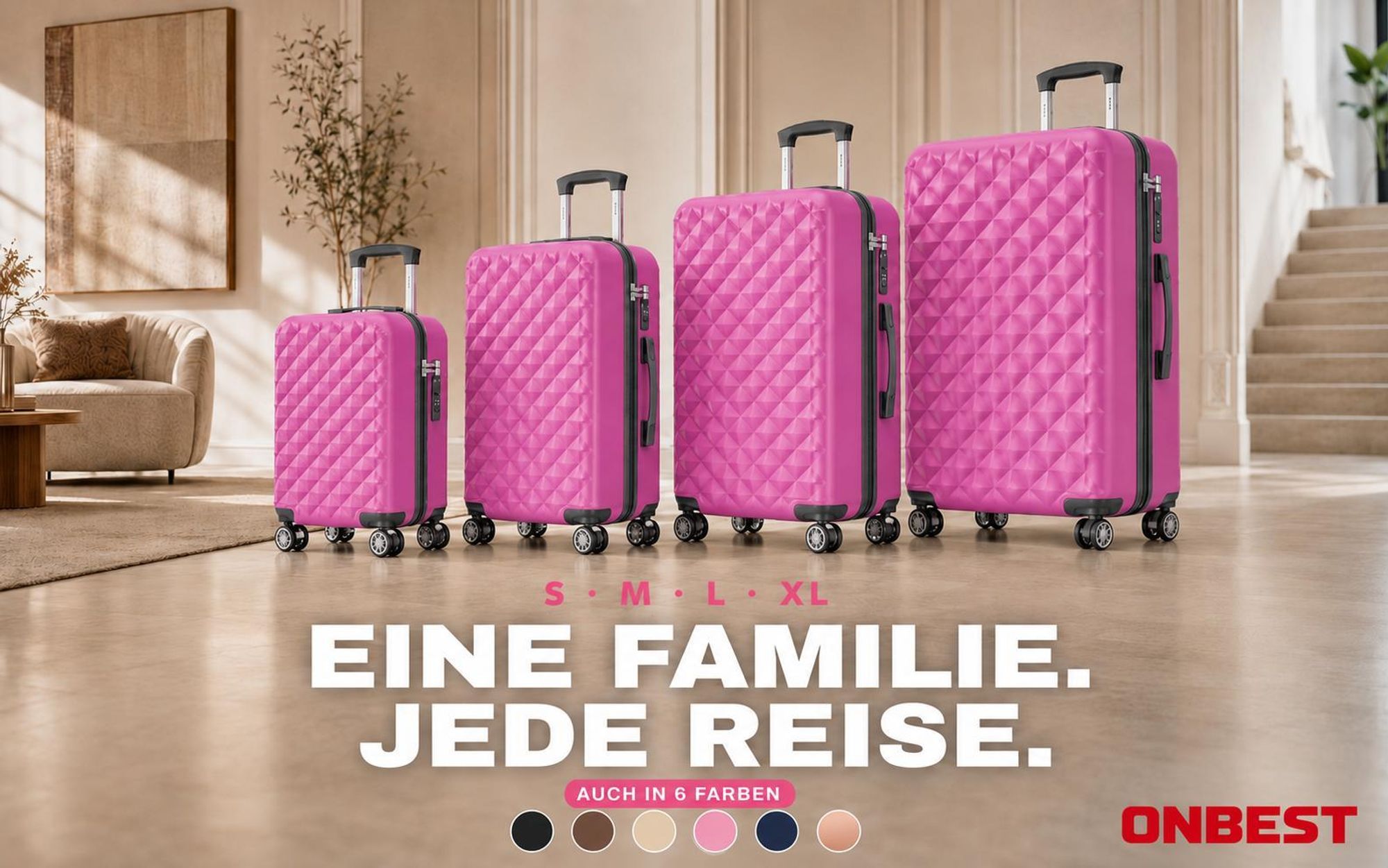 ONBEST Hartschalen Koffer Set | 4-teilig Pink | mit TSA-Schloss | USB-Anschluss | viel Zubehör | 360° Doppelrollen