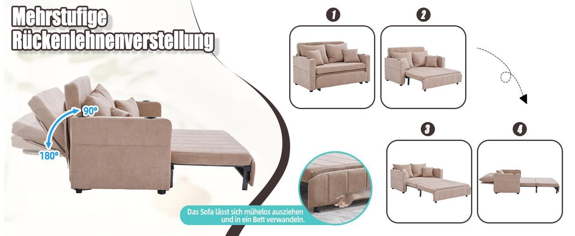 LVHOM Schlafsofa mit 3-fach verstellbarer Lehne&USB, Ausziehbares Schlafbett, 2-Sitzer mit Becherhalter Platzsparend 139x73x83cm, Grau