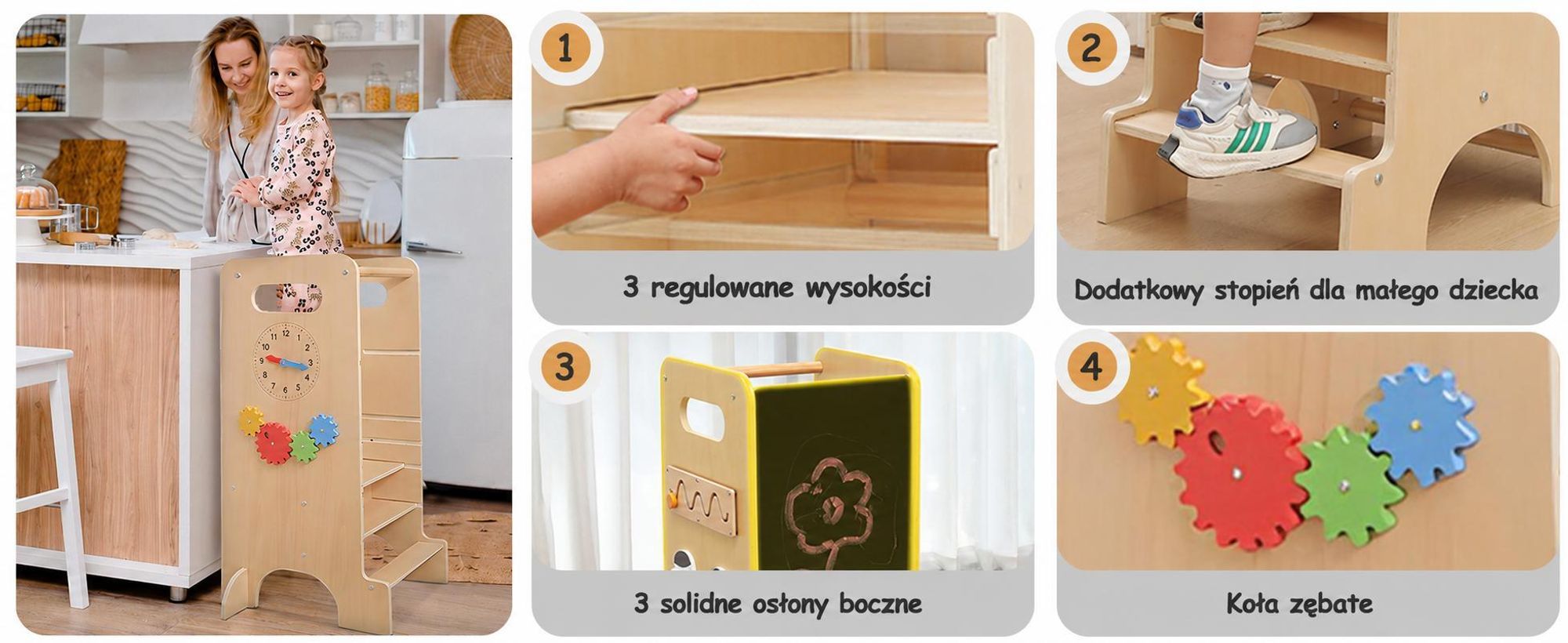 Wieża edukacyjna Olvy od 1 roku - Wieża edukacyjna Montessori 4 w 1 dla dzieci, z regulacją wysokości, zjeżdżalnią, planszą i grami, wielofunkcyjna pomoc kuchenna dla dzieci